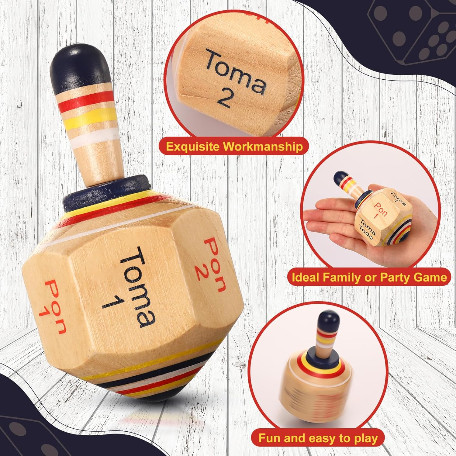 Poen 5 Pieces Large Wooden Toma Todo Bulk, 4.5 Inch Classic Mexican Wood Spinning Top Game for Kids and Adults, Pirinola Toma Todo Party Games for Mexican Fiesta Party Cinco De Mayo Family Game