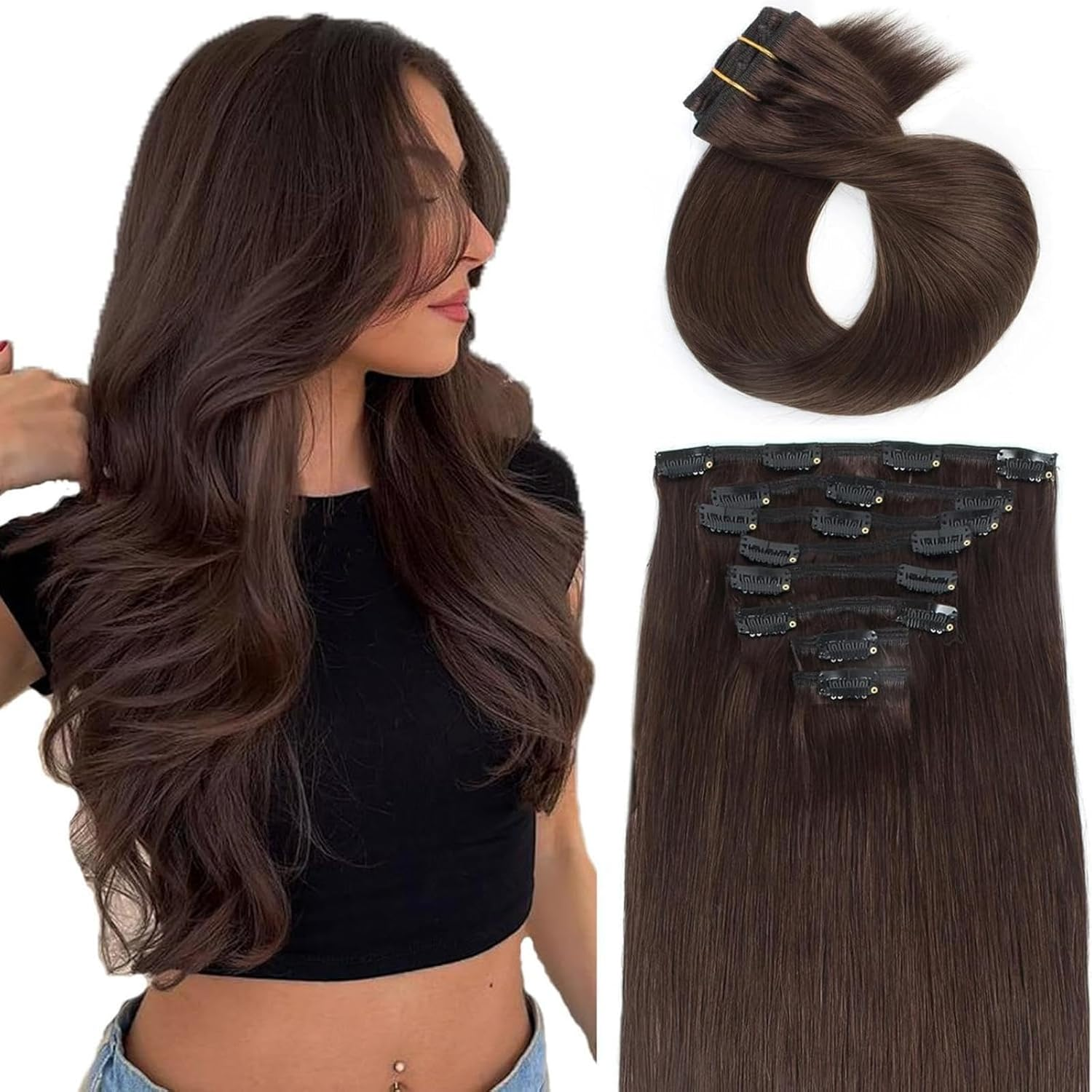 ABH AMAZINGBEAUTY HAIR 22 Inch Clip in Hair Extensions Real Human Hair Jet Black Straight Thick Remy Hair Extensions #1 8Pcs 120G