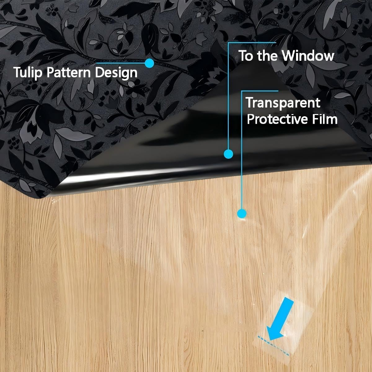 Total Blackout Tulip Frosted Window Privacy Film, Static Cling 100% UV Blocking Window Tint, Non-Adhesive Heat Control Black Out Window Covers for Home Bathroom Door Glass Decoration (Tulip, 90X200) image number 4