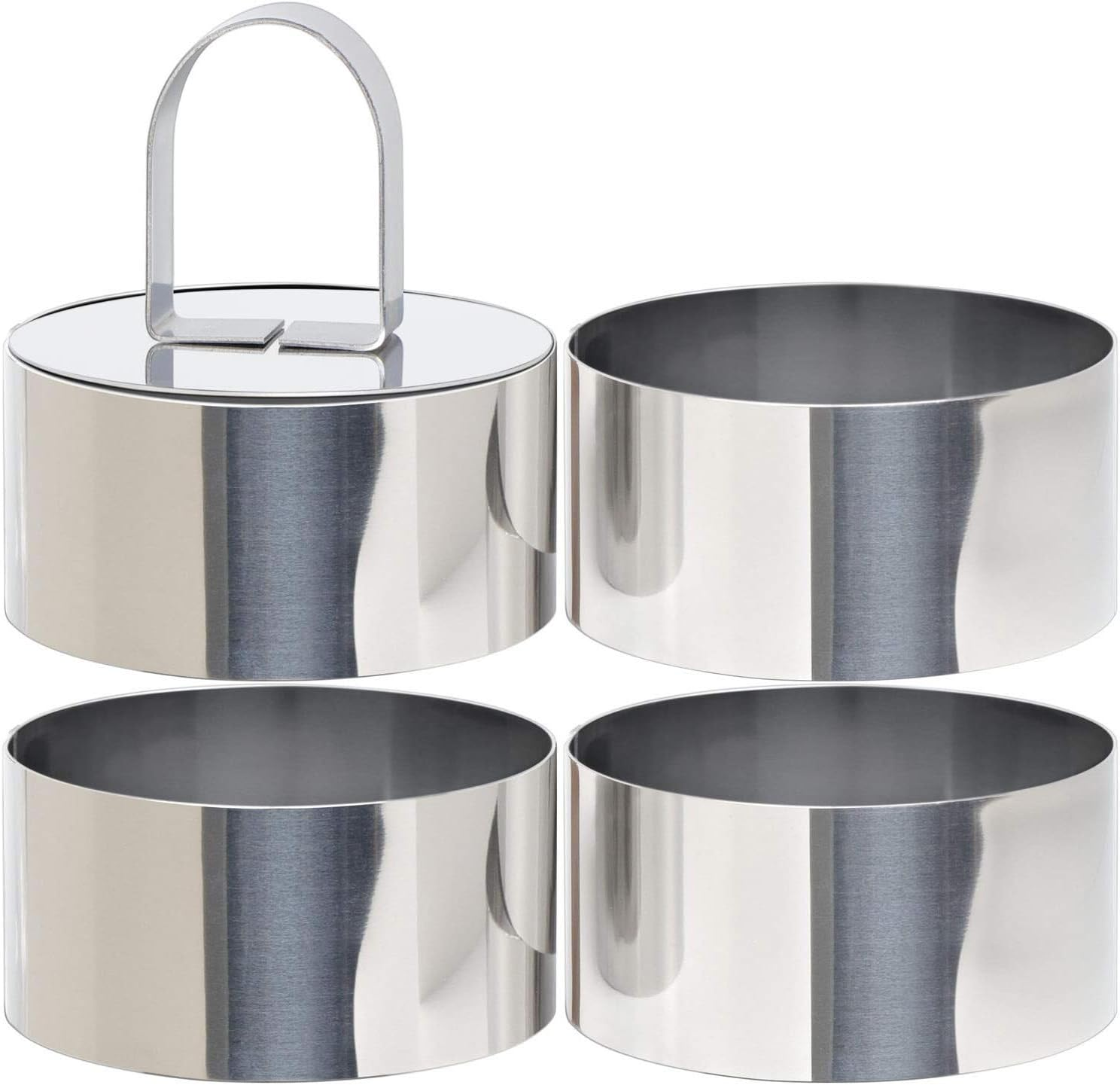 RIKONDA 4-Pack Stainless Steel round Cake Ring Molds &ndash; 8Cm X 4Cm Baking Rings with Pusher for Crumpets, Pancakes, Mousse & Layered Desserts