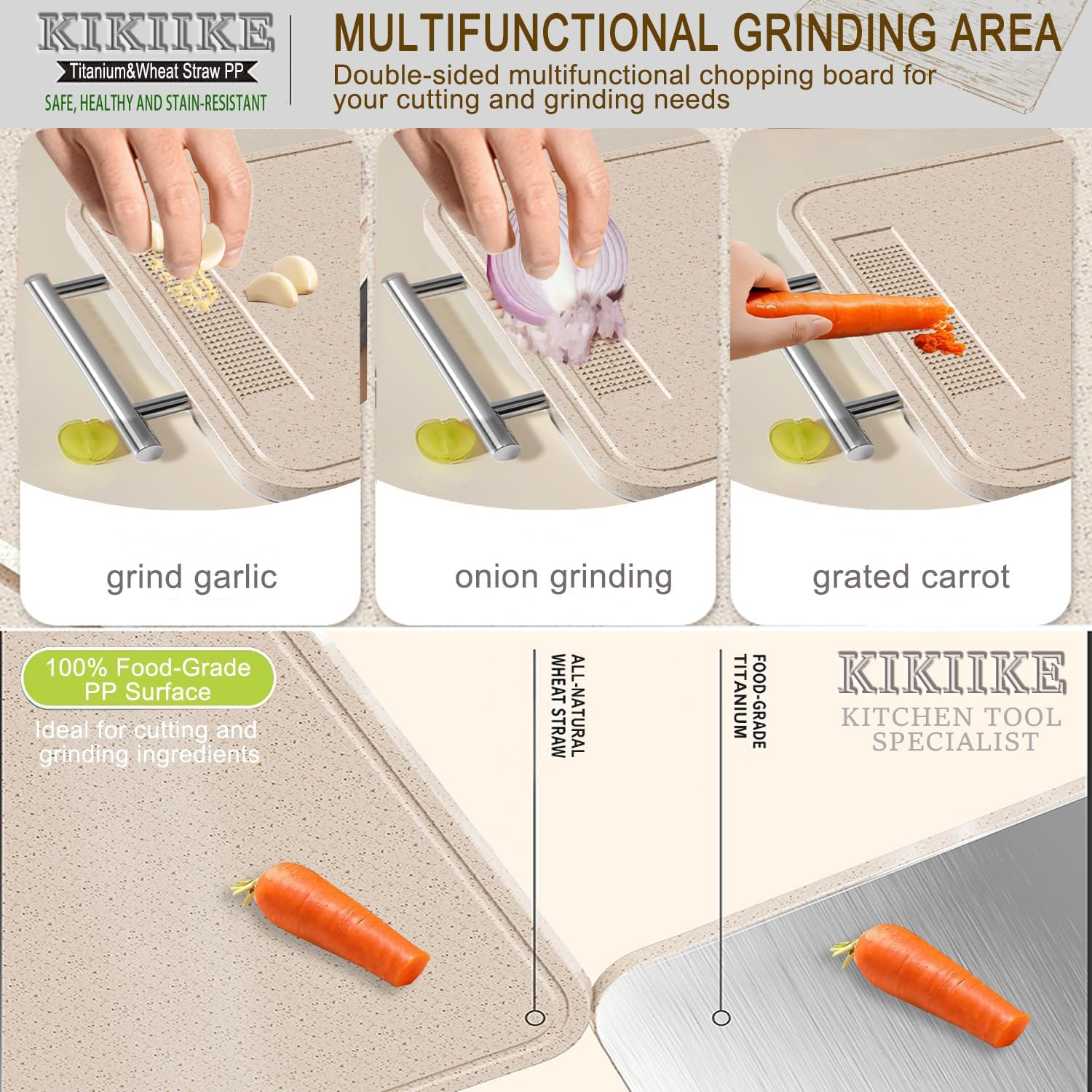 Titanium Cutting Board Double Sided Pure Titanium Cutting Boards for Kitchen, Pure Titanium & Wheat Straw PP Food Grade Metal Chopping Boards Easy to Clean Large Size image number 1