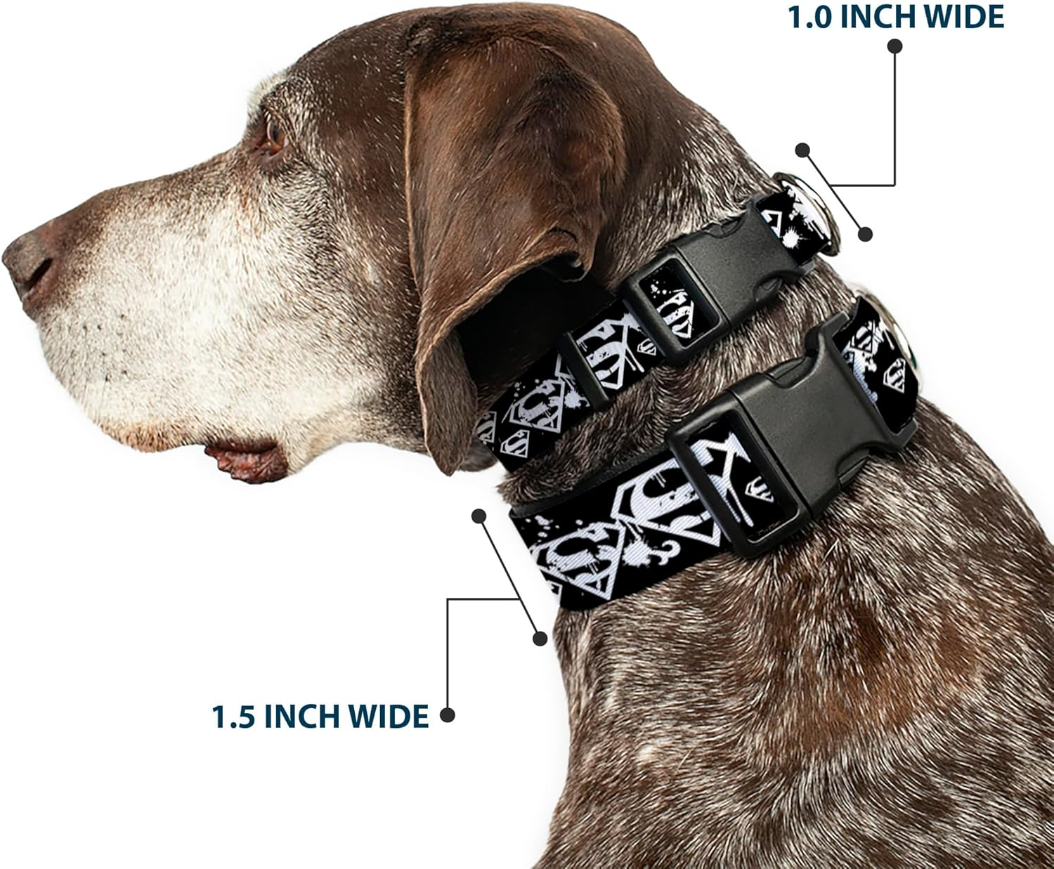 Buckle-Down Plastic Clip Dog Collar, Superman Shield Splatter Black/White, 18 to 32 Neck Size X 1.5 Inch Width