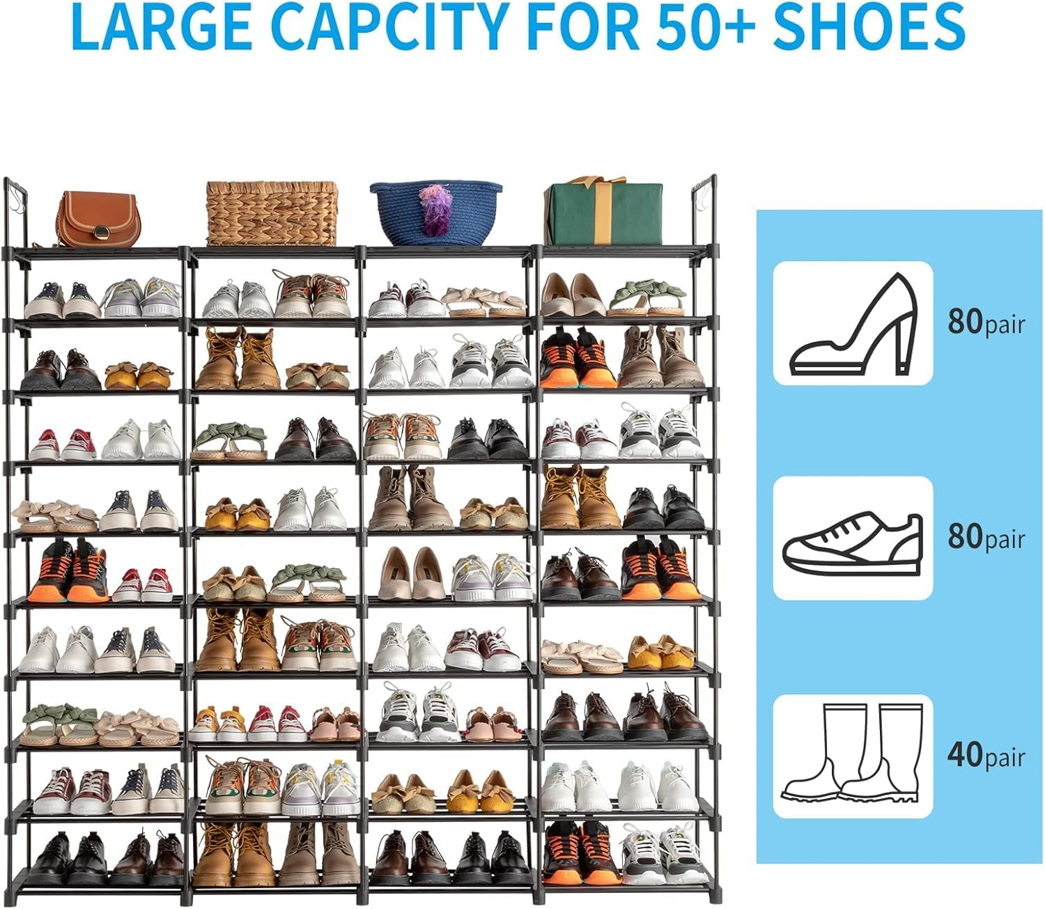 10 Tiers Shoe Rack, Tall Large Capacity 50 Pairs Wide Shoe Organizer Sturdy Shoe Shelf for Entryway with Shoe Storage for Closet, Bedroom, Non-Woven Fabric Large Metal Shelf image number 1