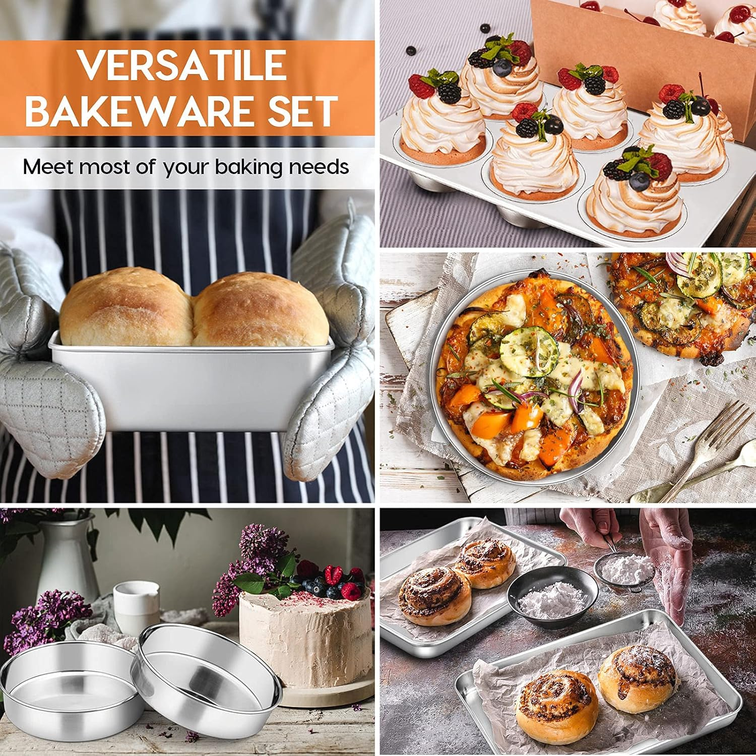 Toaster Oven Bakeware Set, E-Far 8-Piece Stainless Steel Small Baking Pan Set, Include 6-Inch Cake Pan/Rectangle Baking Pan/Cookie Sheet with Rack/Muffin/Loaf/Pizza Pan, Non-Toxic & Dishwasher Safe image number 1