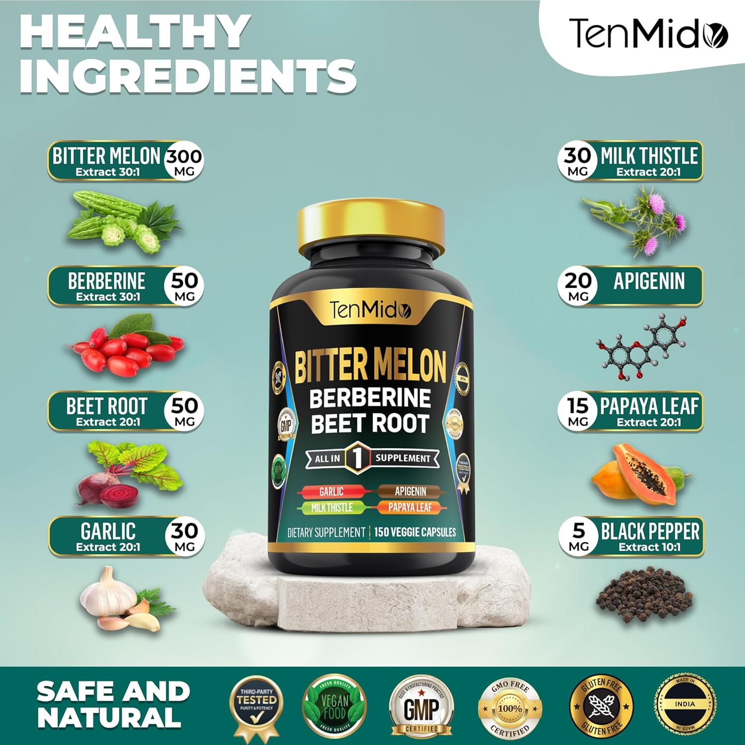 Bitter Melon Supplement - 8In1 Formula - Combine with Berberine, Beet Root, Garlic, Milk Thistle, Apigenin, Papaya Leaf, and Black Pepper - 150 Vegan Capsules for 5 Months Supply image number 6