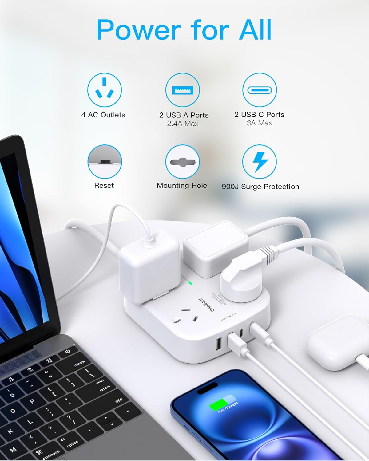 One Beat Surge Protected Power Board with 4 AC Outlets & 4 USB Ports (2&times;USB-C), 1.5M Extension Cord, AU Standard Travel Power Strip for Office, Dorm, Home Essentials image number 4