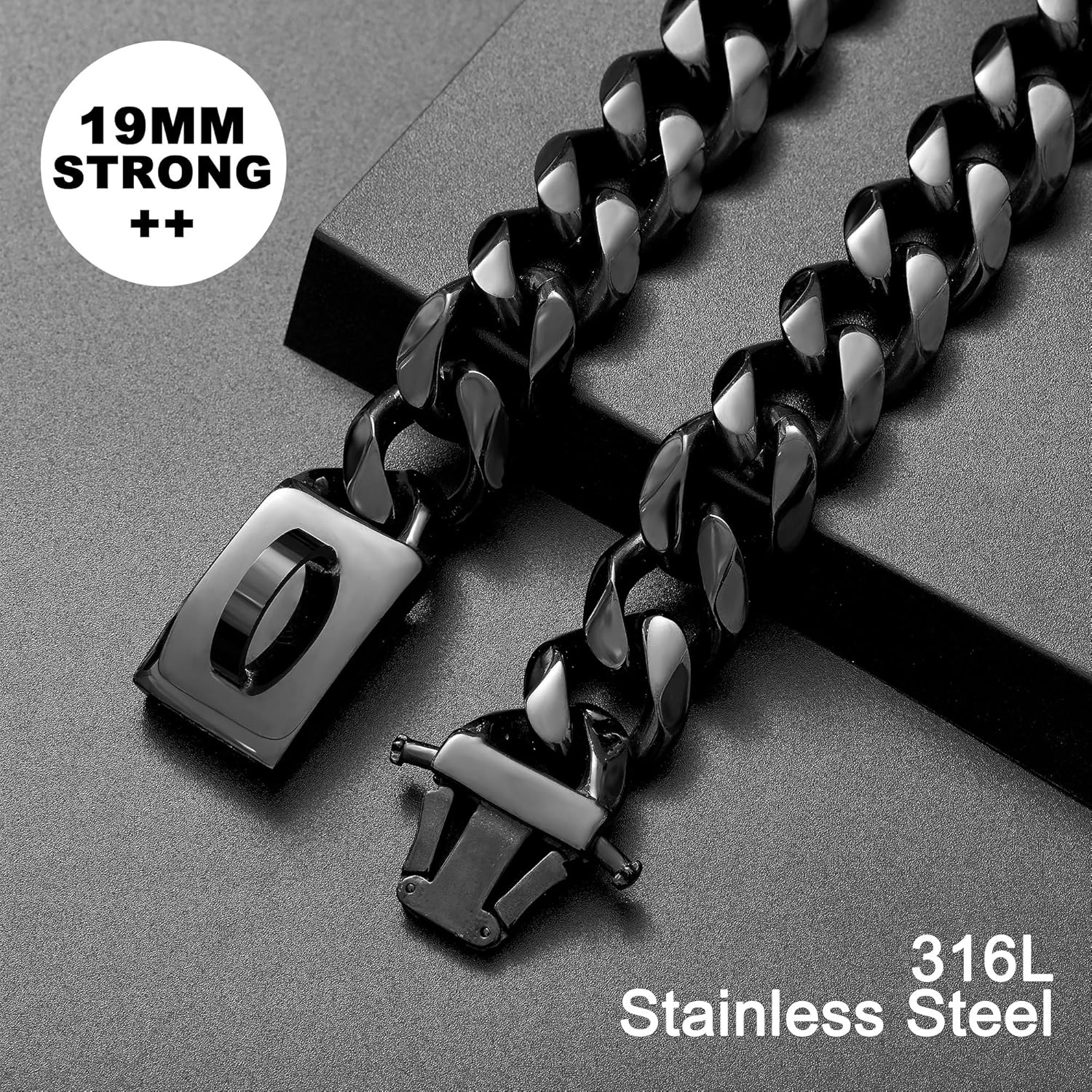 W/W Lifetime Dog Chain Collar Walking Collar with Design Secure Buckle 19MM Black Cuban Link Strong Heavy Duty Chew Proof Chain(19Mm, 10") image number 5