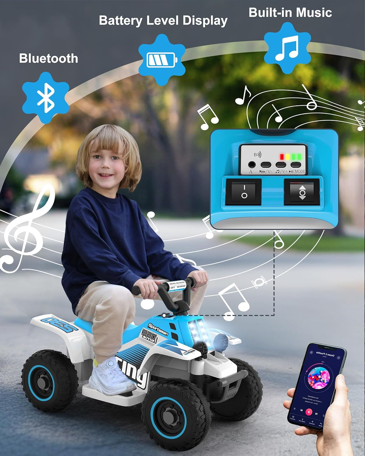 ANPABO 6V 7AH Kids ATV Ride on Toy, 4 Wheeler for Toddler W/Headlight, Forward & Reverse, Horn, Music Player, USB, MP3, Treaded Tires, Ideal for Toddlers(Blue-White) - Pink image number 4