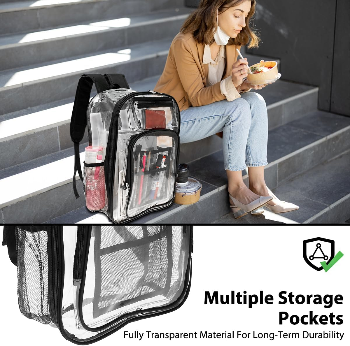 Clear Backpack Transparent Durable PVC Book Bag with Multiple Pockets Reinforced Stitching See through Backpack with Adjustable Shoulder Strap Waterproof Large Capacity School Bag image number 4