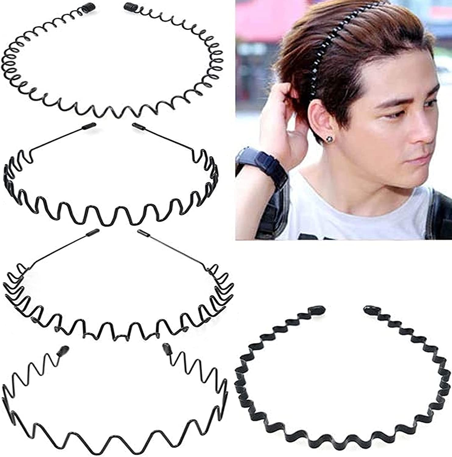 5Pcs Unisex Wavy Headband Metal Hair Band for Men Women'S Hair Hoop Clips, MH MOIHSING Elastic Non Slip Wide Headbands Ordinary Headwear Bandeau Hair Accessories for Women and Men image number 1