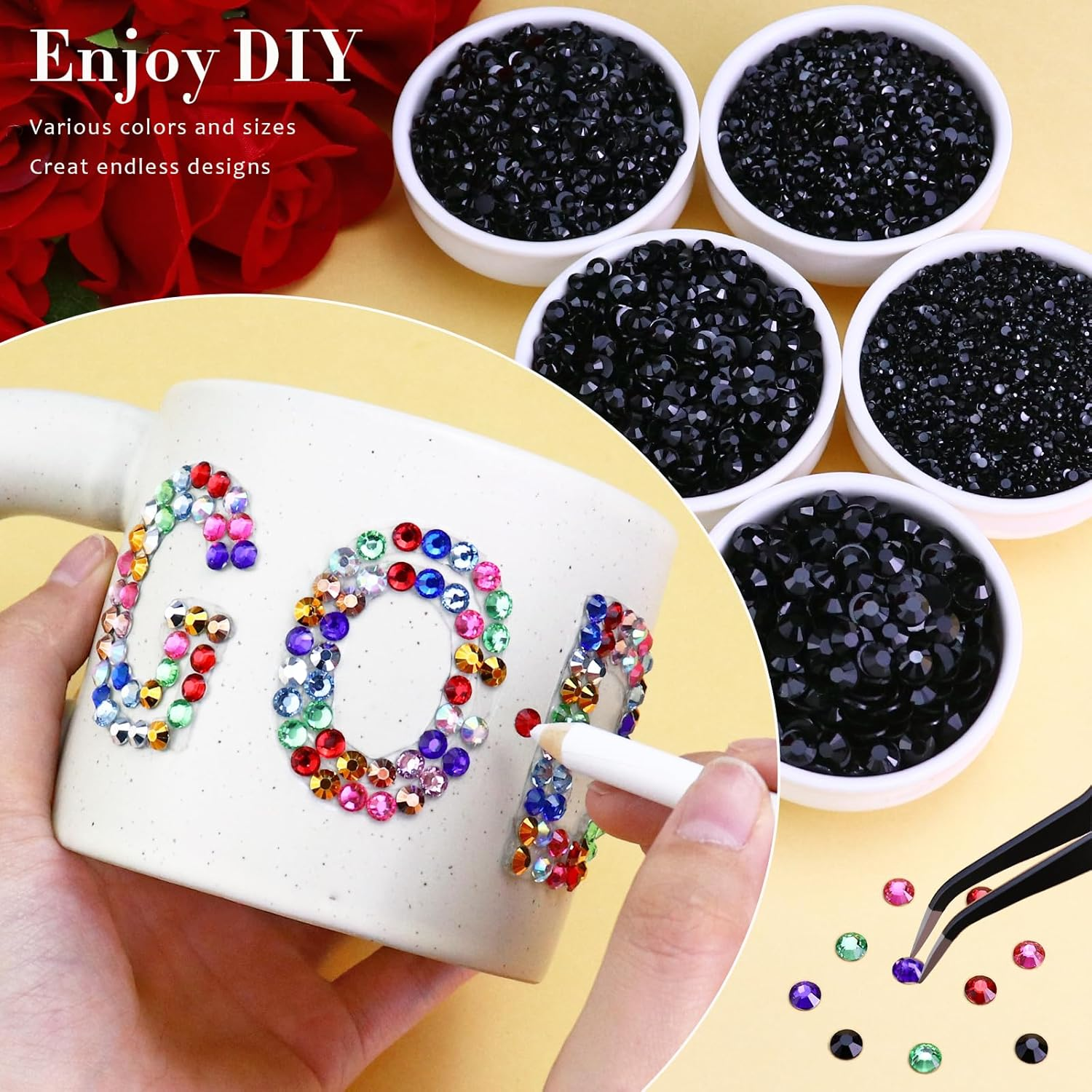 Briskbloom 25000PCS Jet Black Jelly Rhinestones, 2Mm 3Mm 4Mm 5Mm 6Mm Resin Flatback Rhinestones for Crafts Tumblers Shoes Celebration Makeup, Graduation Cap Bling Gems with B7000 Glue, Solid Black image number 3