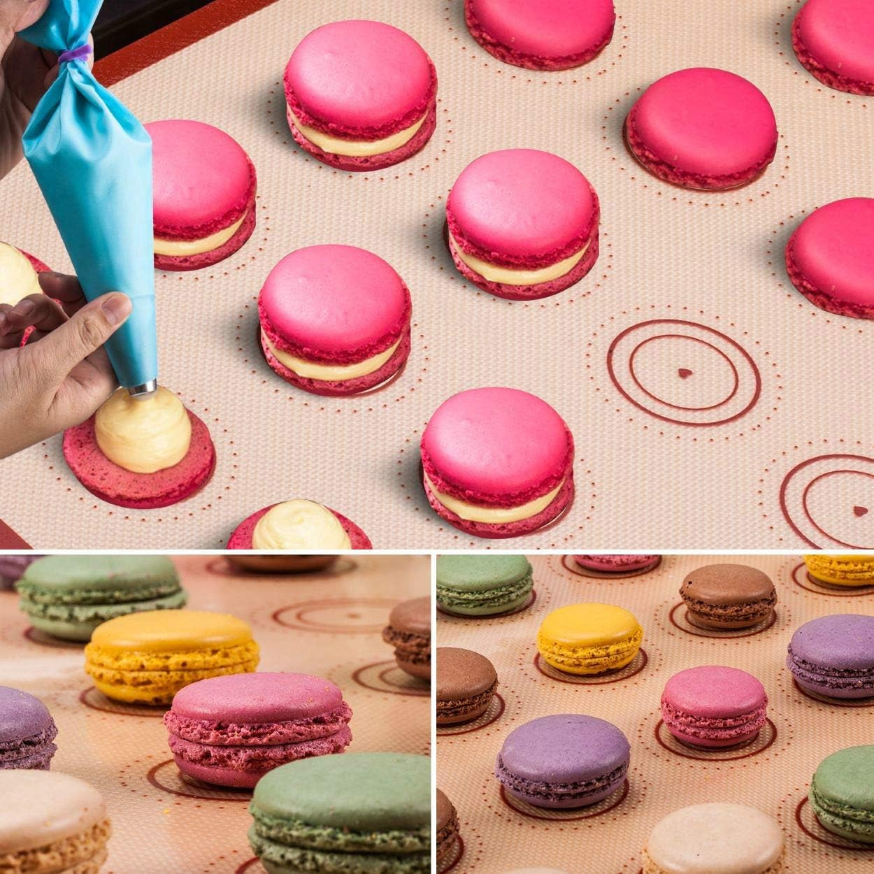Silicone Baking Mat Macaron Mat Kit(14Pcs Set) Macaroon Baking Mat Set of 2 Half Sheet Macaron Silicone Mat Nonstick Macaron Mat Sheet,6 Piping Tip,2 Piping Bag with 2 Bag Half Quarter Sheet Brown+Purple - Brown+Purple image number 3