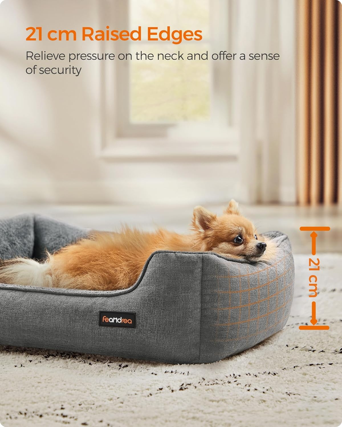 Feandrea PGW10GG Dog Bed Linen Look Dog Basket Raised Edges Non-Slip Backing Removable Washable Cover Medium for Small Dogs 70 X 55 X 21 Cm Light Grey image number 1