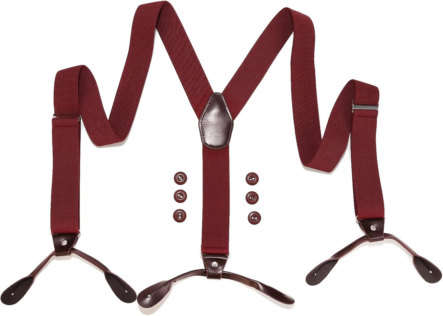 Adjustable Dark Red Mens Braces | Strong with Leather Crosspatch Y Style Brace Suspenders Wide Thick 3.5 Cm 6 Button | Smart City Suit Style Shirt, Wine Red, One Size image number 4