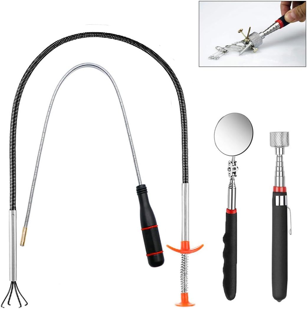 4 Pieces Telescoping Magnet Pick up Tool Set Extendable Claw Grabber Grabber Tool Bendable Spring Telescoping Inspection Mirror image number 5