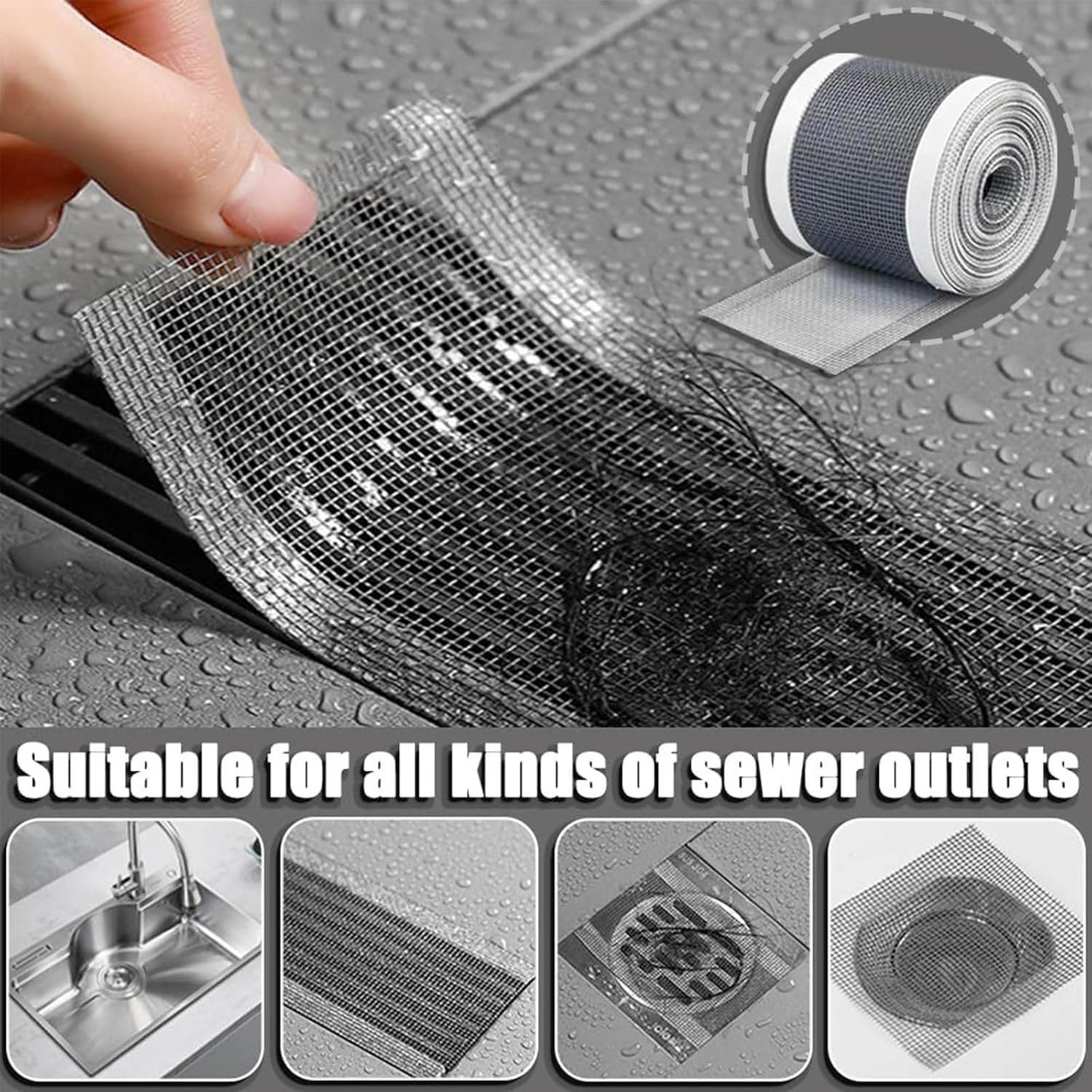 Nlvnmv 3 Pack Disposable Shower Drain Hair Catcher Stickers, Self-Adhesive Mesh Drain Covers with Cleaning Shovel for Bathroom, Kitchen, or Linear Floor Drains (10Cm X 10M/3.93In X 393.7In) image number 2