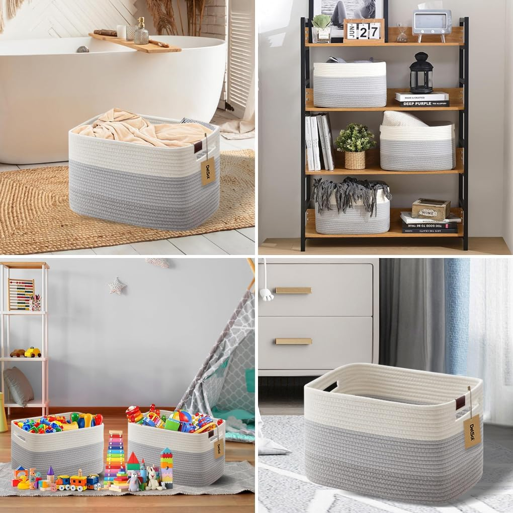 Delsol Cotton Rope Woven Basket, 3 Pack 38X26X23Cm Rectangle Storage Basket with Handle for Living Room, Bathroom, Blanket Clothes Pillows Laundry Hamper, Baby Nursery, Toy Organizer(White & Gray) - Beige image number 2