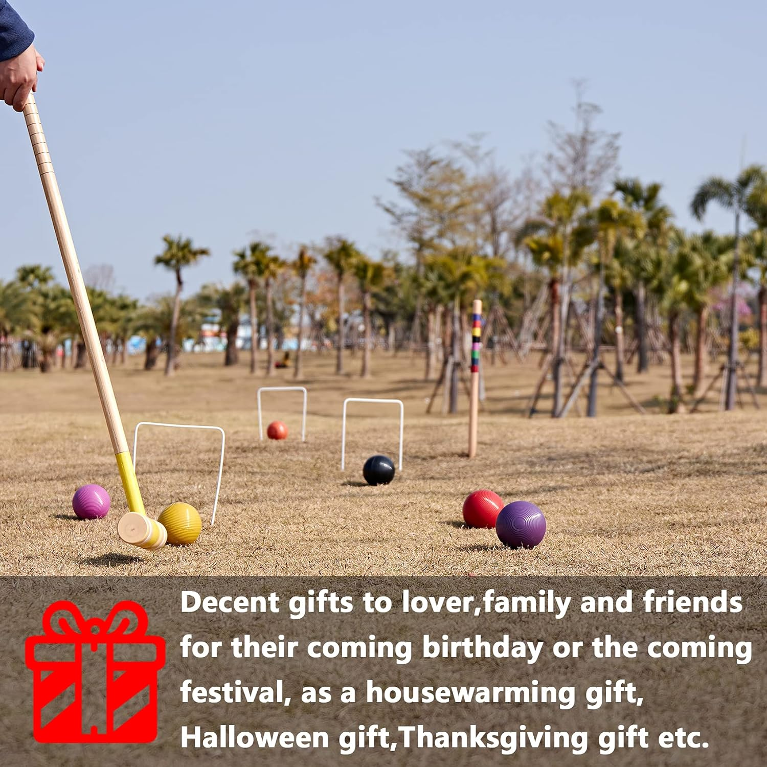 Speedarmis 8 Players Croquet Set with 32In Regulation | 28In Standard Size Rubber Wood Mallets, Colored PE Ball, Wickets, 21In End Stakes - Lawn Backyard Game Set for Teens/Adults/Family image number 1