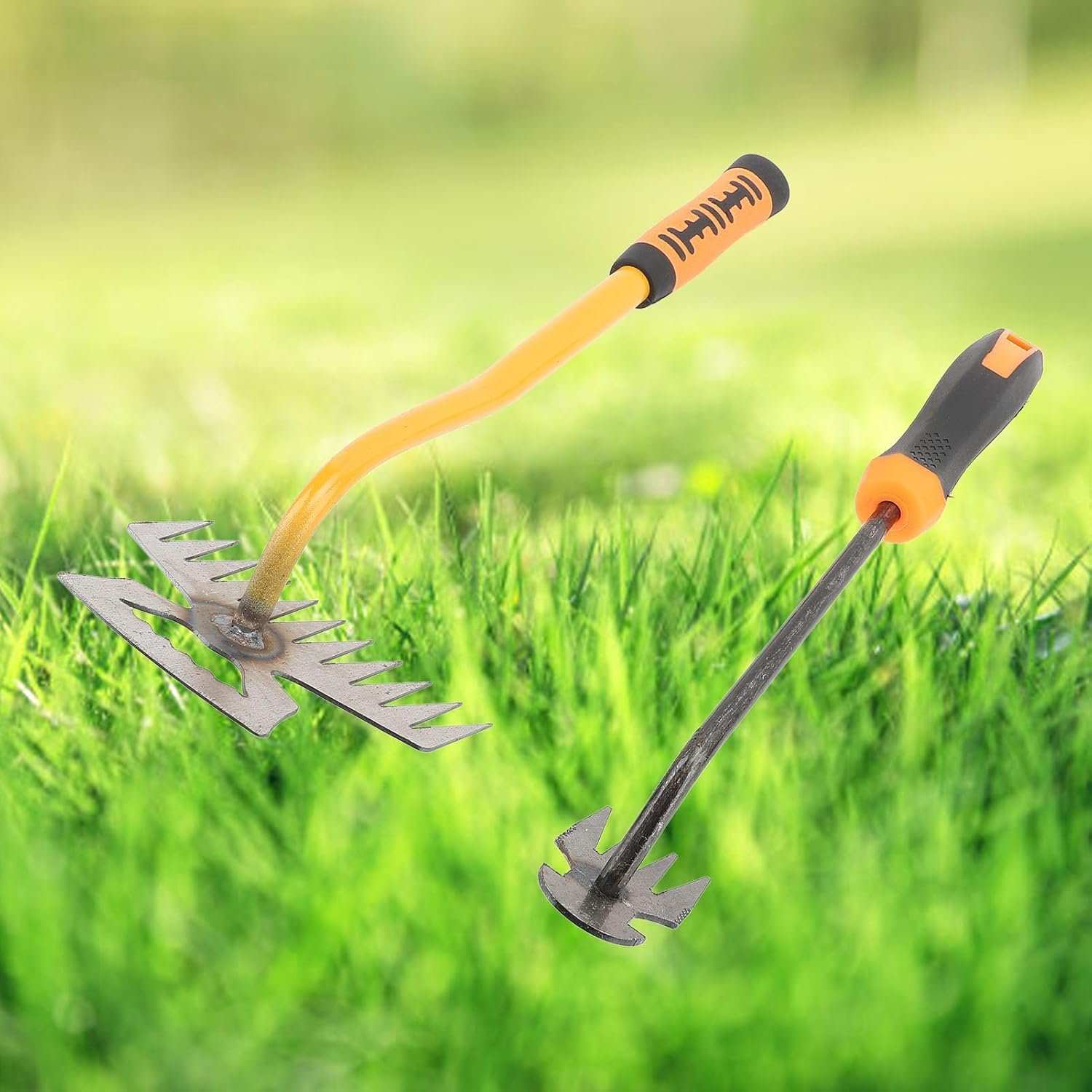 2 Pieces Garden Weeding Rake, Small Garden Rake Stainless Steel 4 Teeth 11 Teeth Rubber Handle, Backyard Loosening Farm Planting Weeding Ergonomic for Gardening Weeding Planting image number 1