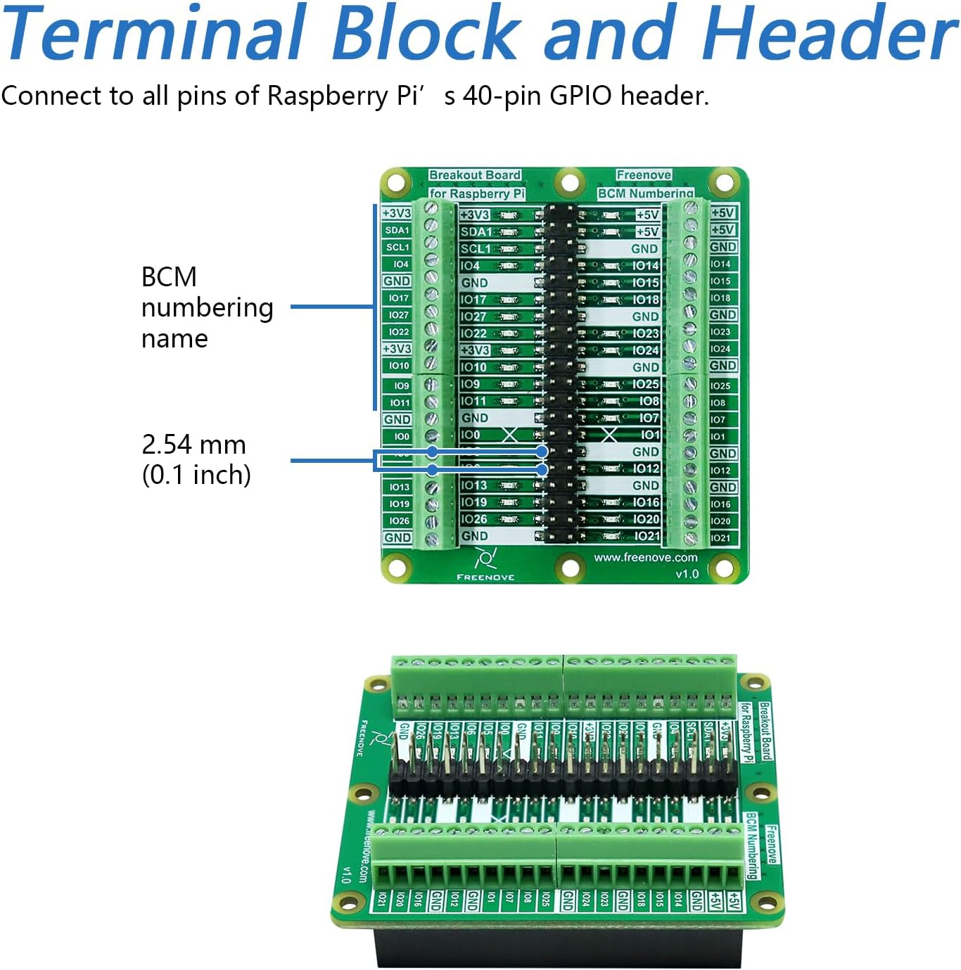 Freenove Breakout Board for Raspberry Pi 5 / 4B / 3B+ / 3B / 3A+ / 2B / 1B+ / 1A+ / Zero 2 W/Zero W/Zero, Terminal Block Shield HAT with Pin Header, GPIO Status LED image number 3