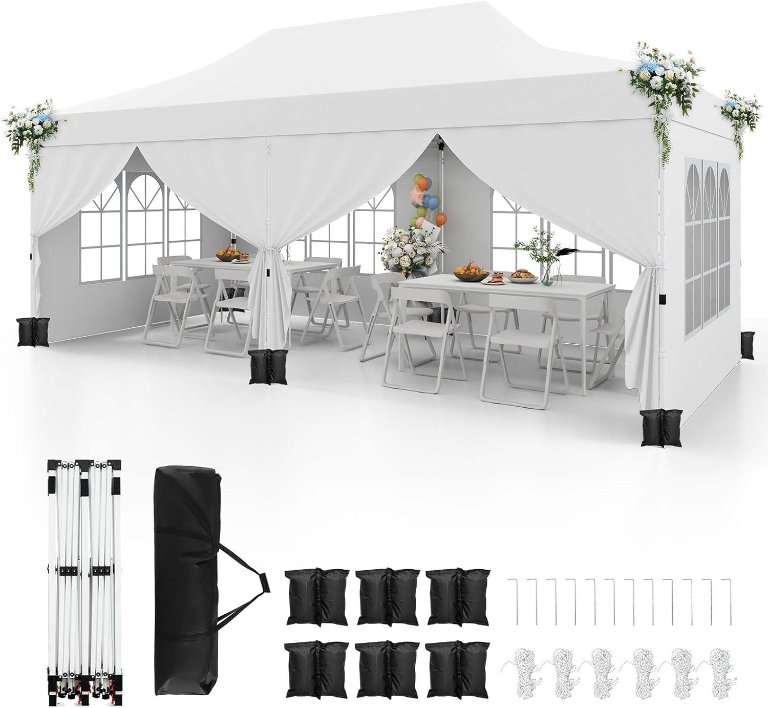 Costway 3 X 6 M Canopy with 6 Detachable Sidewalls, Pop-Up Canopy Tent with Carrying Bag, UPF50+ Sun Protection, Heavy-Duty Sun Shelter, Instant Gazebo for Party, Wedding, Outdoor Event, BBQ (White) image number 6