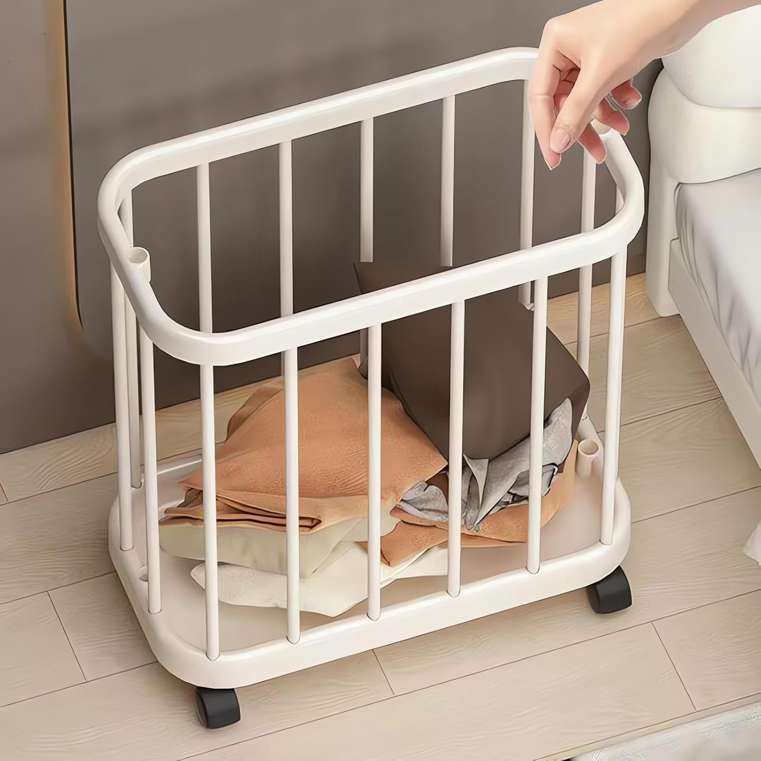 Rolling Storage Basket with Wheels, White Vertical Bar Design, Mobile Storage Cart for Toys, Clothes and Bathroom Essentials image number 2