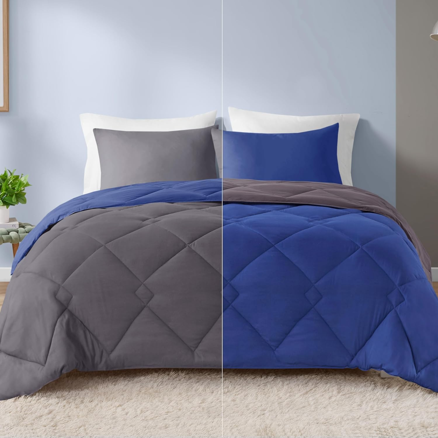 Comfort Spaces Vixie Reversible Comforter Set - Trendy Casual Geometric Quilted Cover, All Season down Alternative Cozy Bedding, Matching Sham, Teal/Charcoal, Full/Queen 3 Piece