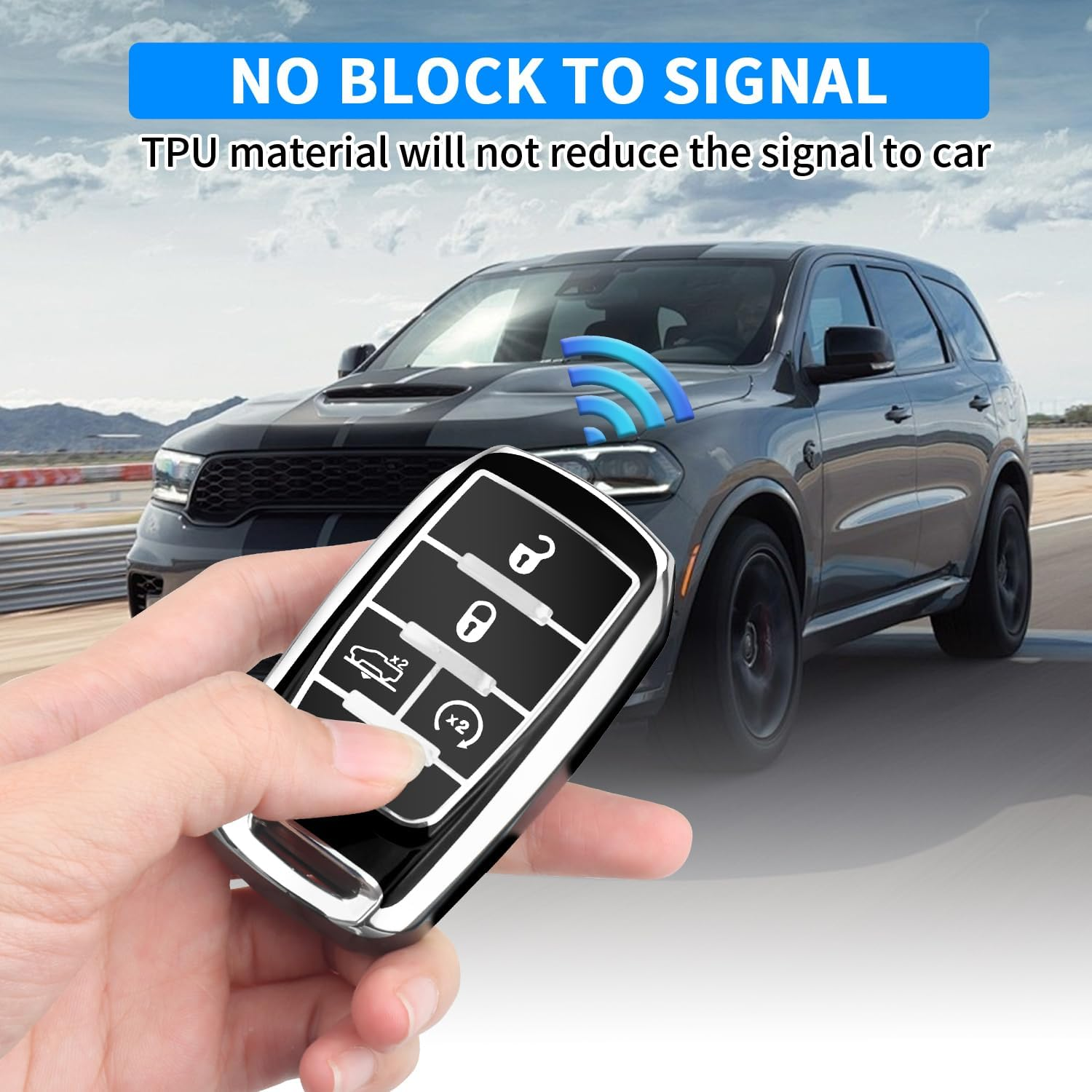 QBUC for Dodge Key Fob Cover, Fits for Dodge RAM 1500 2500 3500 4-5 Buttons 2019 2020 2021 2022 2023 TPU Key Fob Case with Keychain, Smart Remote Accessories Key Fob Protection (Silver-Black) - Gold-Red image number 2