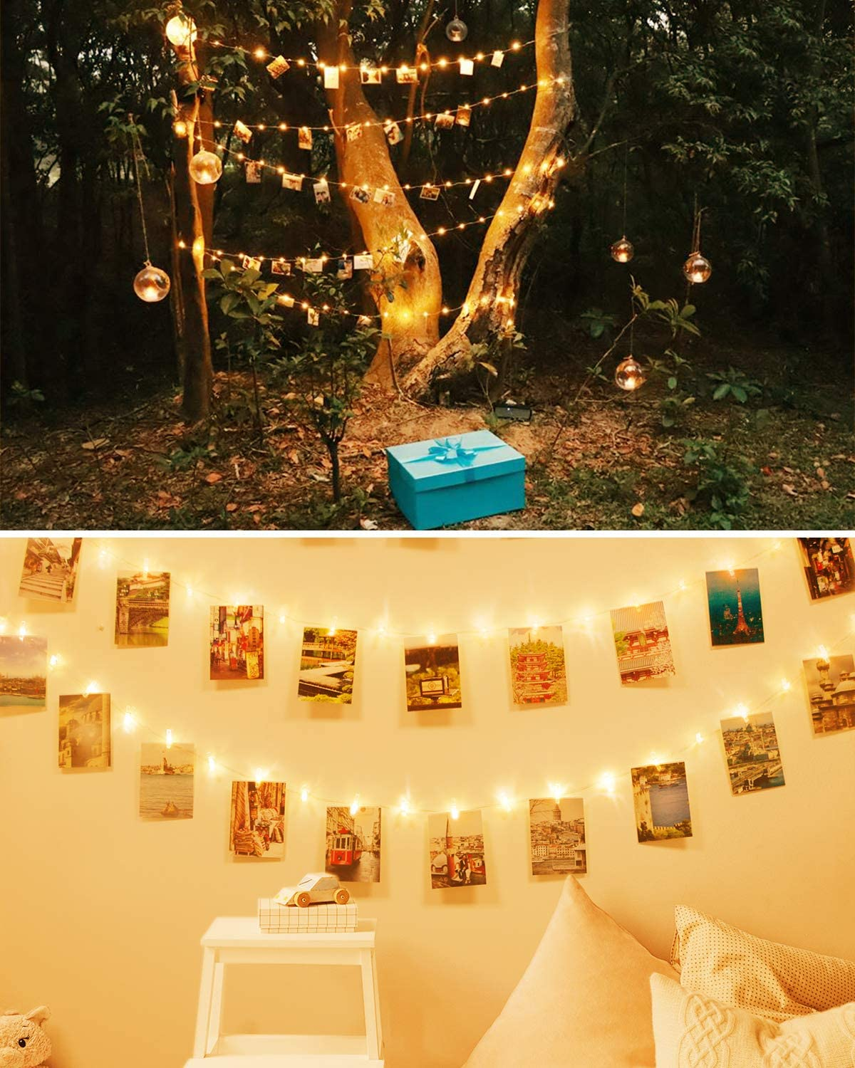 Litogo 100 LED Photo Clip String Lights, 10M Battery Powered Fairy Lights with 60 Clips Hanging Photos, Mini Silver Wire Polaroid Peg Lights for Birthday Party Picture Card Decorations image number 4