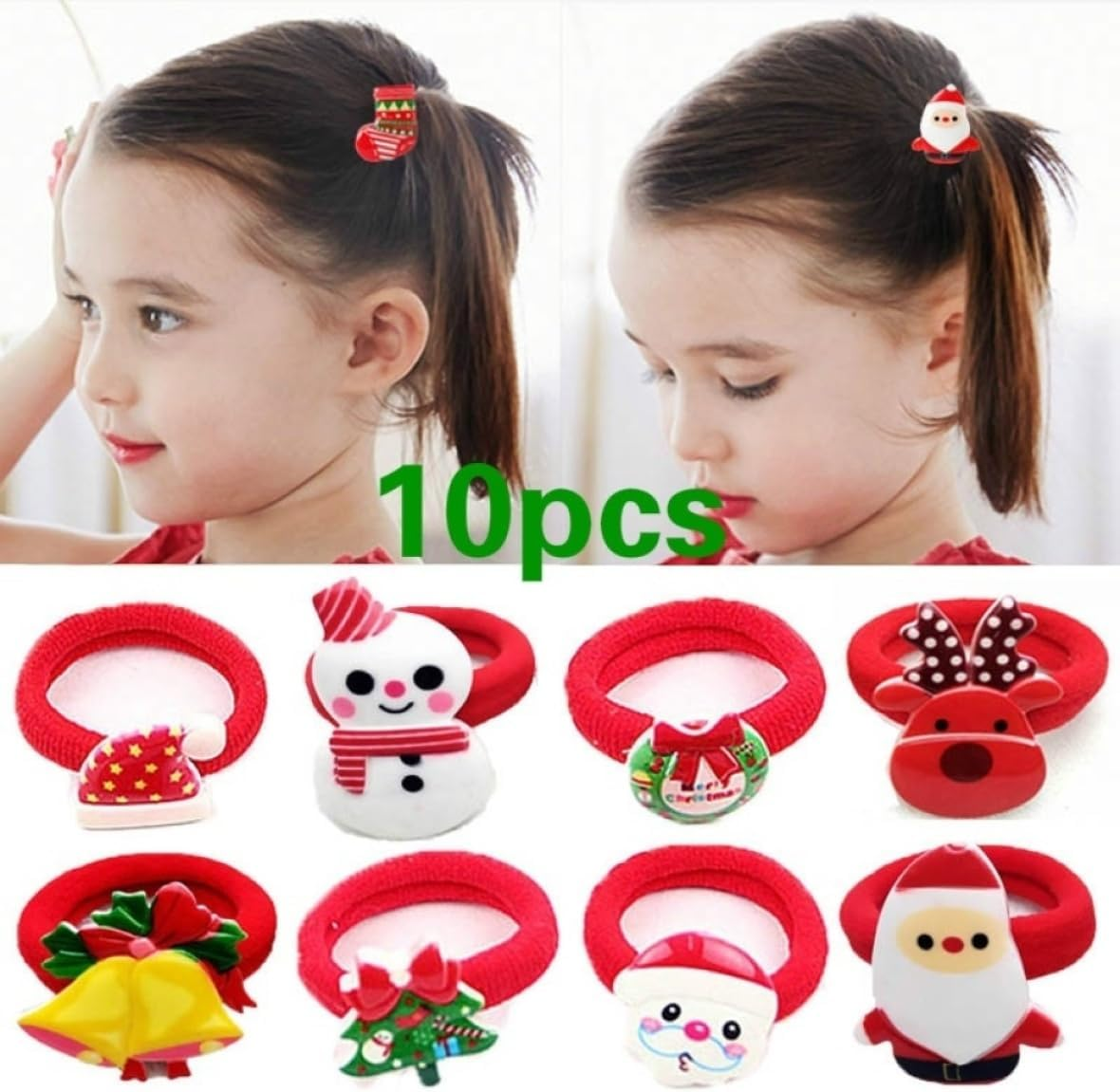 Christmas Hair Scrunchies, 10Pcs Children Cute Christmas Hair Rope, Santa Elk Hairpins Rubber Band, Elastic Hair Band Hair Accessories for Girl image number 4