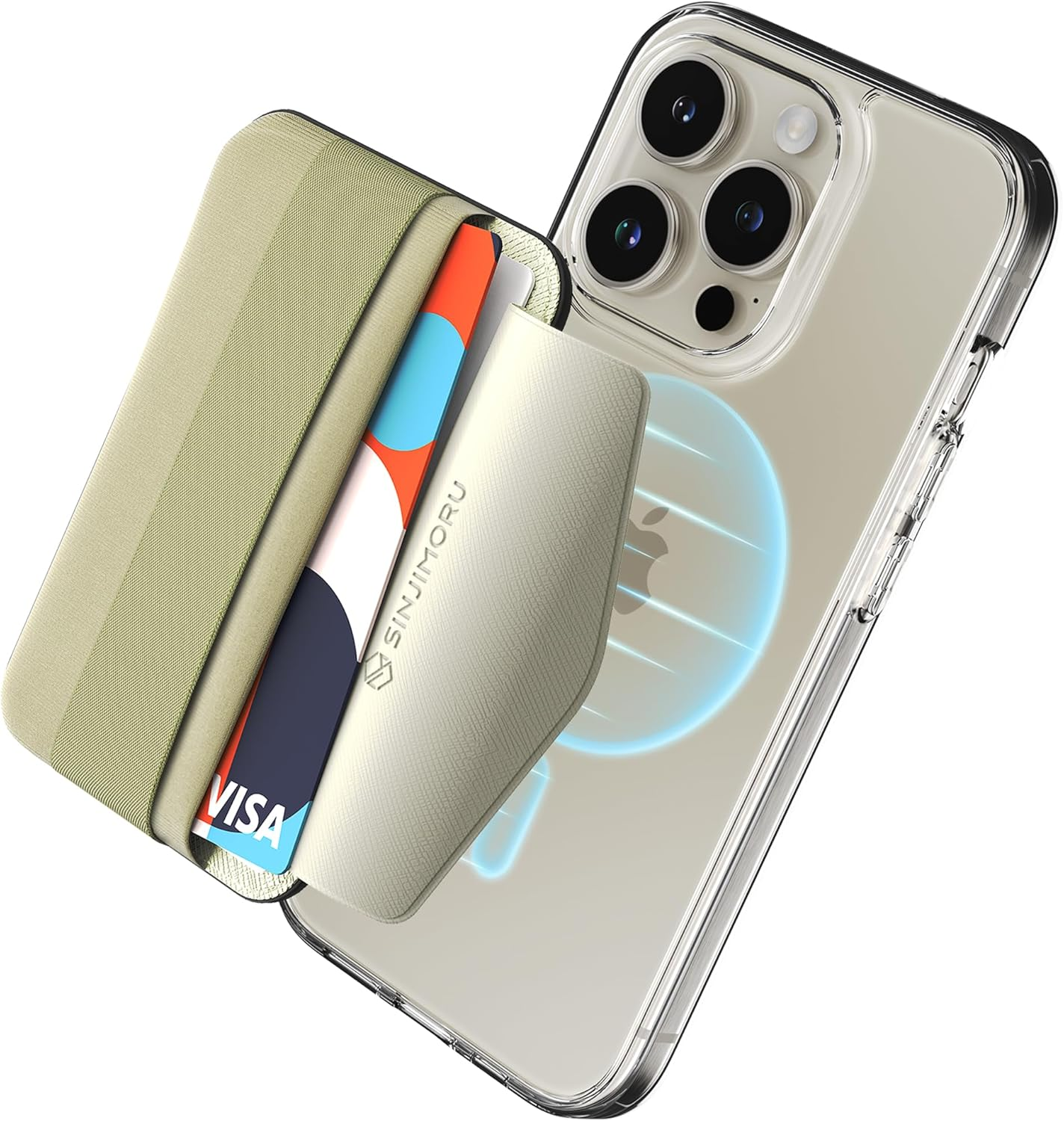 Sinjimoru Magnetic Wallet for Iphone 16/15/14/13/12 Series, Soft Wool Band Grip, Compatible with Magsafe Wallet, Phone Grip Wallet, M-Band Beige