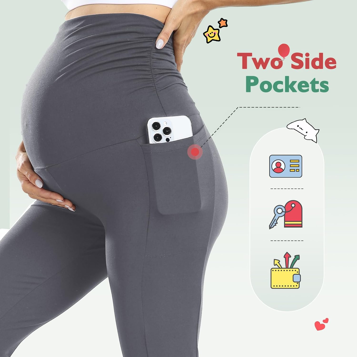 Women'S Maternity Leggings with Pockets High Waistband Pregnancy Leggings Opaque Elastic Maternity Leggings for Pregnant Women, Deep Grey, M image number 2