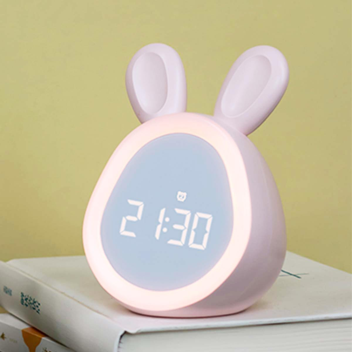 Bunny Alarm Clock Night Light for Kids with Temperature Brightness Adjustable and Time Display, Rechargeable, Timing Function, Non-Flickering Eye-Caring LED Warm Light (Light Pink)