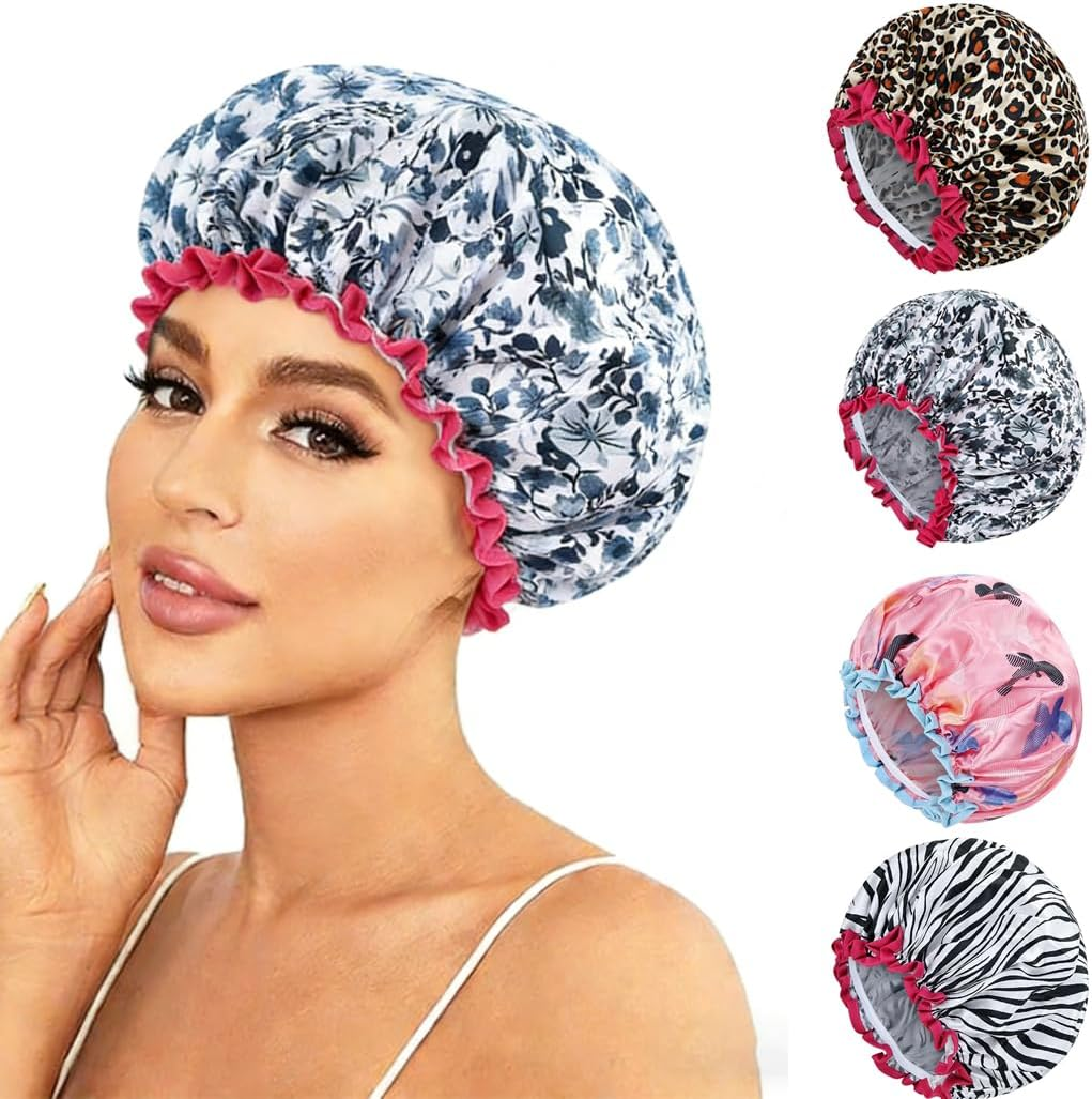 Gragra 4 Pack Waterproof Shower Caps, Reusable Thickened EVA Shower Cap for Women, Hair Caps for Showers, Dry Hair for Bathing, Swimming, SPA & Hair Dye, Fits All Hairstyles Including Long Hair & Braids image number 2