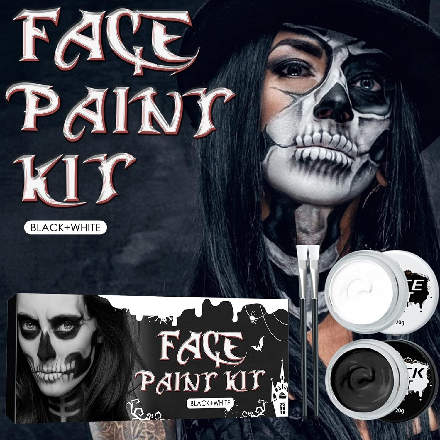 Halloween Cosplay SFX Makeup Black + White Face Body Paint, Special Effects Makeup Kit Dress up Non Toxic Face Painting Kits for Adult Full Coverage Face Paint Fx Make Up image number 2
