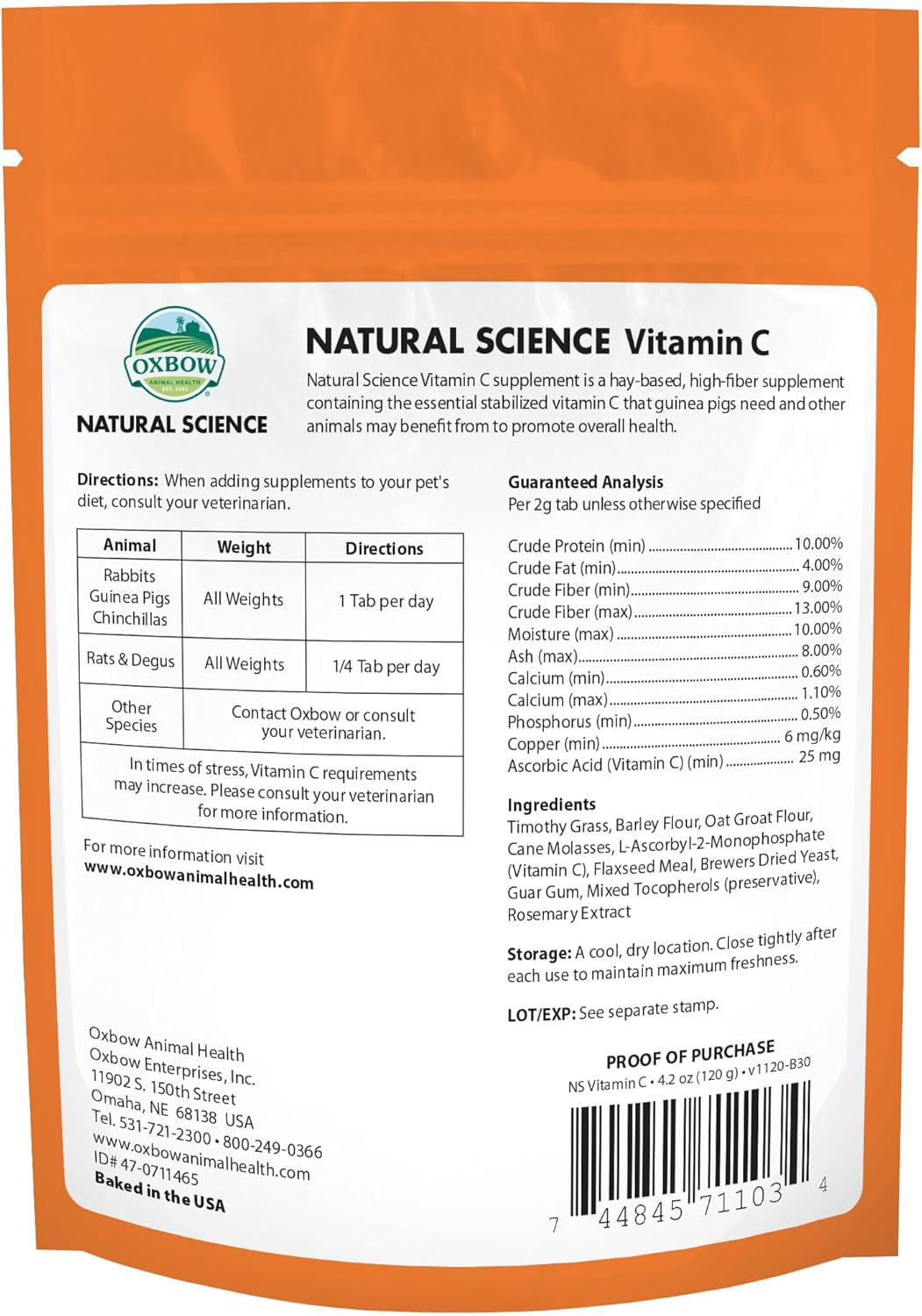 Oxbow Animal Health Natural Science Vitamin C Supplement, Vitamin C for Guinea Pig, Made with Oxbow Timothy Hay, Pet Supplements for Guinea Pigs, Veterinarian Formula, Made in USA, 120G image number 6