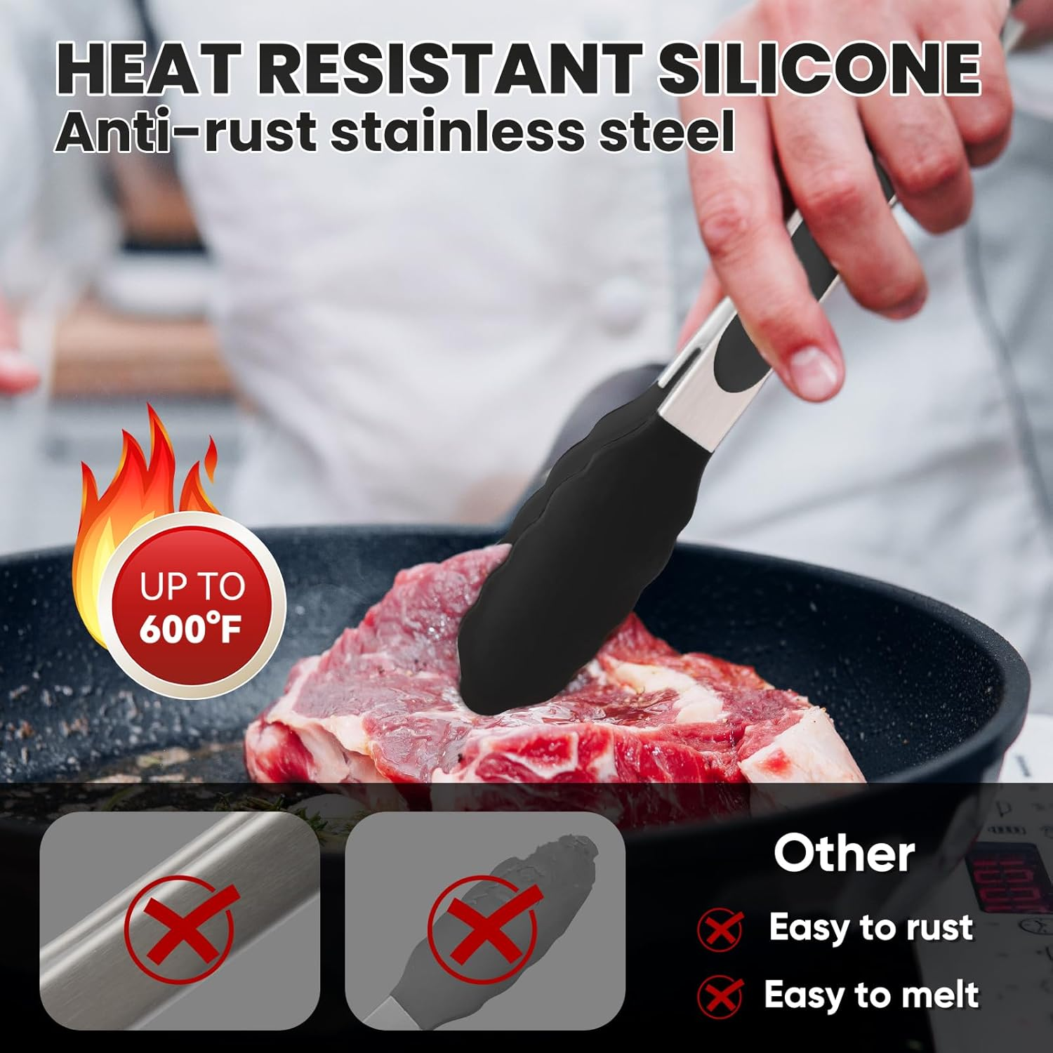 600℉ Heat Resistant Kitchen Tongs for Cooking with Silicone Tips,Maywe Tanso 9-Inch Stainless Steel Locking Cooking Tongs Food Tongs for Bbq,Cooking,Salad and Serving Food,Heavy Duty,Non-Stick(Black) image number 2