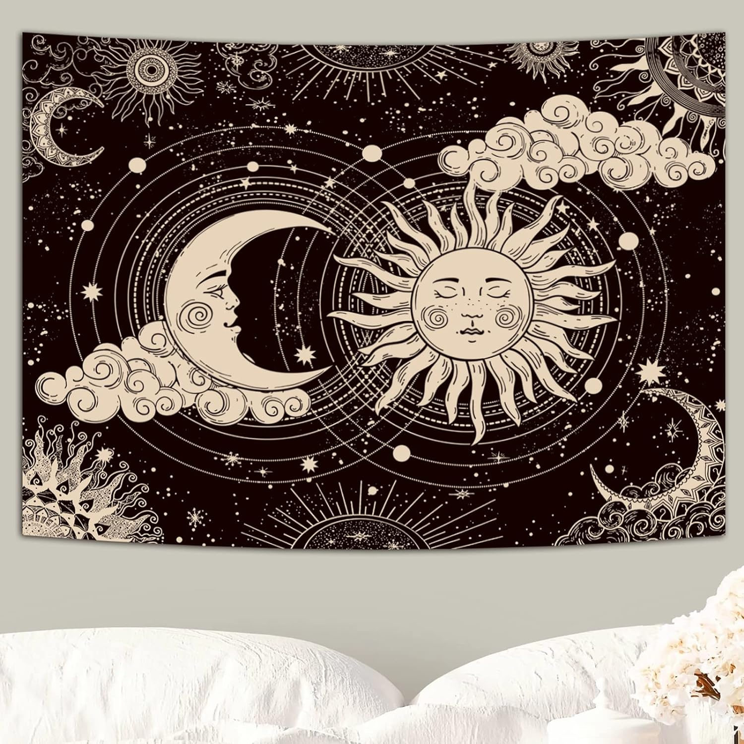 Sun and Moon Tapestry, Aesthetic Black Dark Spiritual Tapestries Mystic Burning Sun with Clouds Star Wall Hanging Decor for Bedroom (59.1" X 82.7")