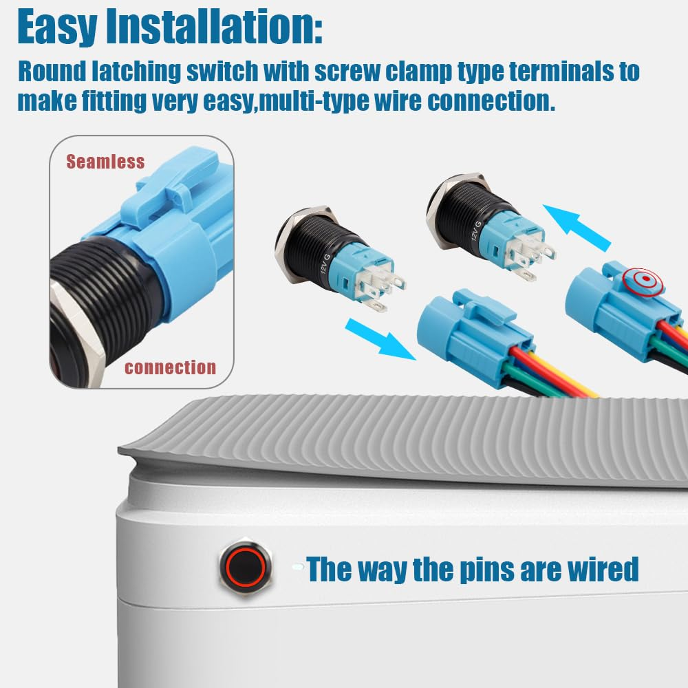 Yakamoz 2Pcs 16Mm Waterproof Latching Push Button Switches, 12V Self-Locking Button on off with Sockets Red LED Wiring Harness for Automotive, Marine, Industrial Machinery and DIY. image number 1