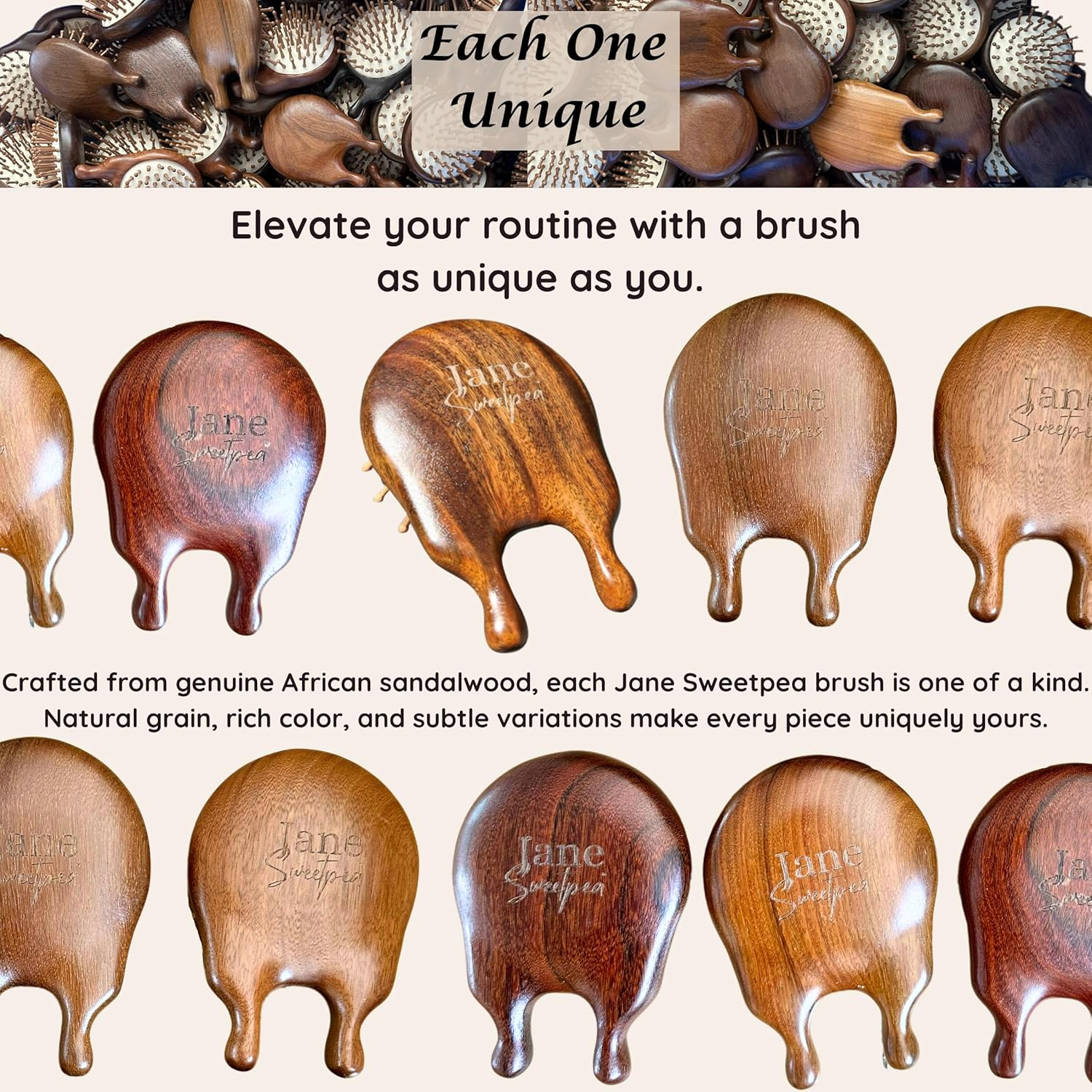 Jane Sweetpea Sandalwood Scalp & Facial Massage Brush with Bamboo Bristles &ndash; Compact Wooden Detangler, Anti-Static, Eco-Friendly, Natural Jute Storage Bag image number 2