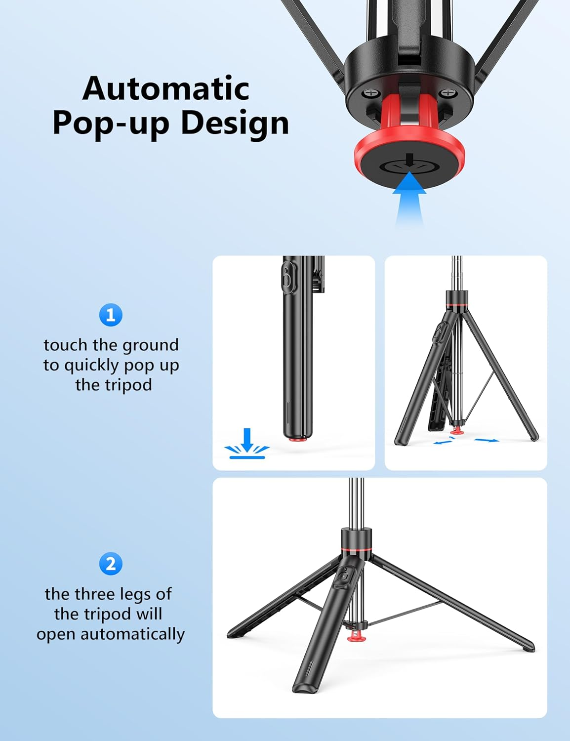 Auto Pop Open Tripod with Magnetic Remote, 178Cm Extendable Automatic Selfie Stick Tripod Compatible with Iphone Android, 360&deg; Rotatable, One-Piece Design for Vlog Video Recording image number 6