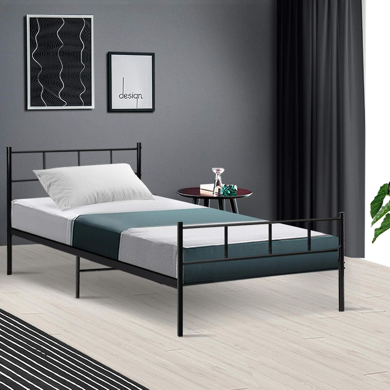 Artiss Single Metal Bed Frame with Headboard(Base Only), Metal Platform Bed with Easy Assembly, Heavy-Duty Metal Slats with under Bed Storage for Bedroom/Student Apartment, Black