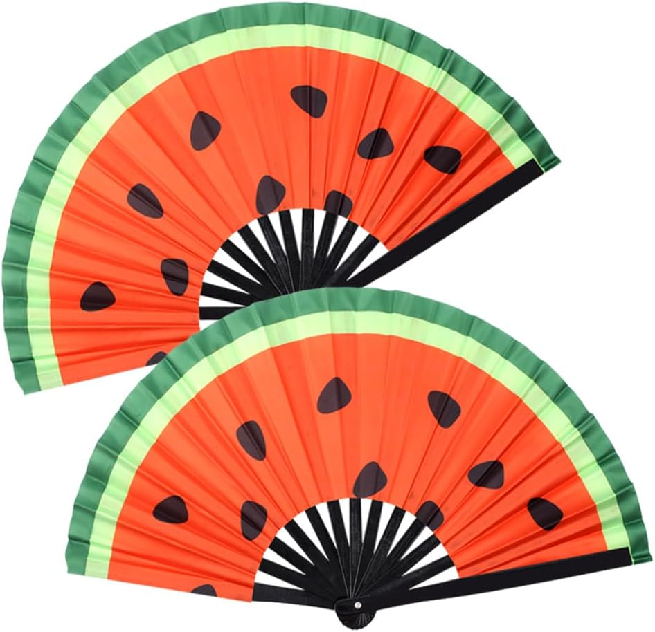 Plzoslly 2 PCS Large Folding Fan Bamboo Folding Hand Fan, Rave Fan Clack Folding Hand Fan Chinese/Japanese Nylon-Cloth Folding Fan for Festival, Dance, Performance, Party, Gift, Decoration(Watermelon) image number 5