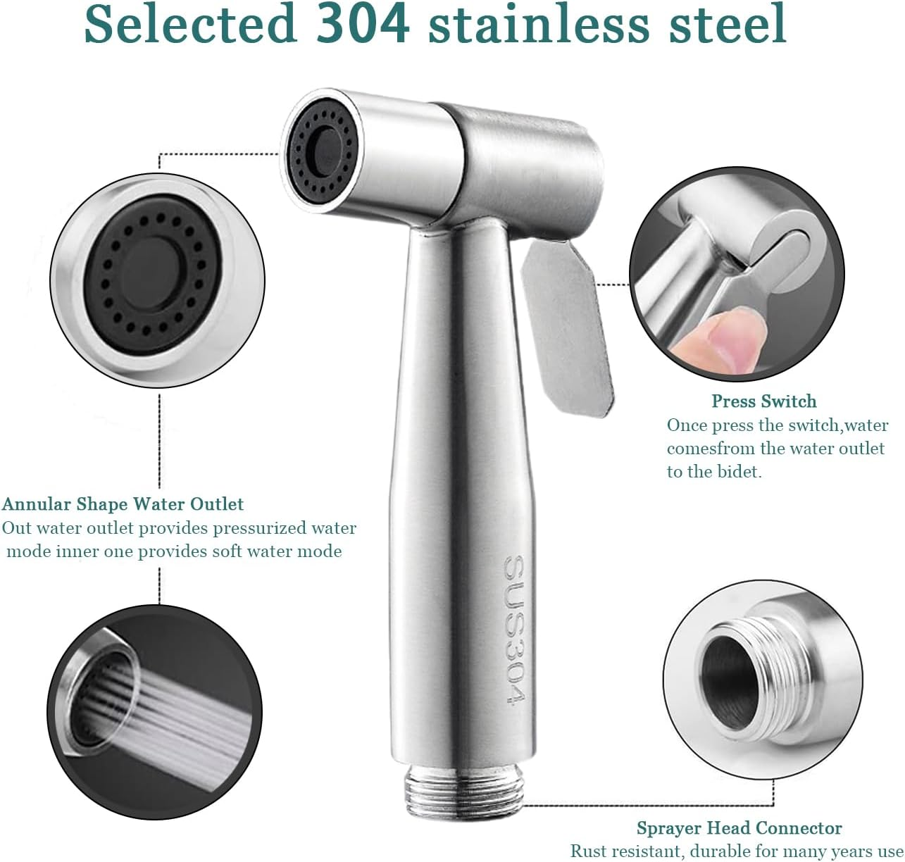 Ciuaz Handheld Bidet Sprayer for Toilet, Water Pressure Control Stainless Steel Toilet Water Sprayer Kit, with Wall Bracket、Pu Flexible Hose Spray Bidet Attachment for Personal Hygiene or Toilet Clean image number 3