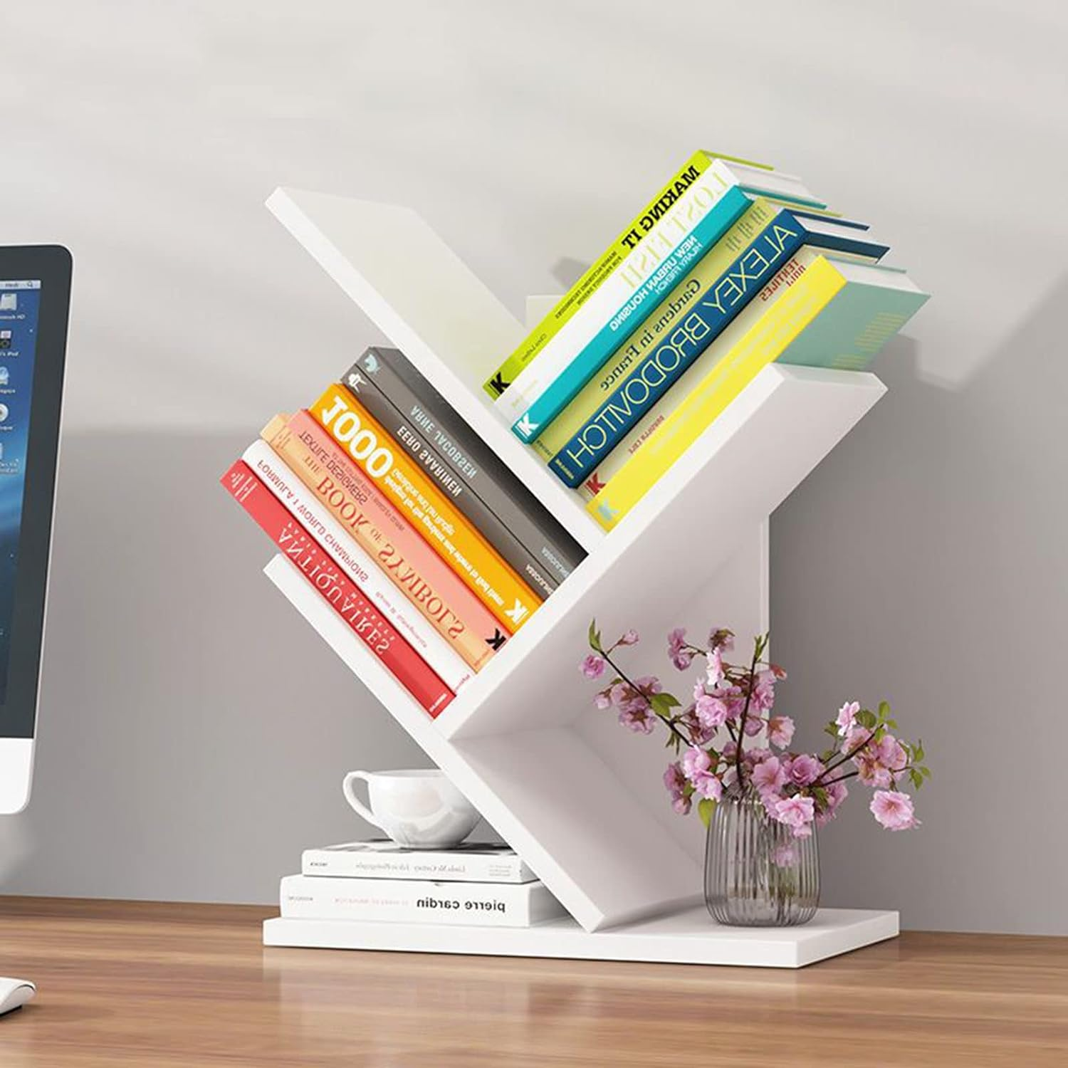 Hbluefat Book Tree Bookshelf, 3-Tier Wood Tree Small Bookcase for Desk Displaying Books, Cds, Magazines and More at Office, Home and School (White) image number 1