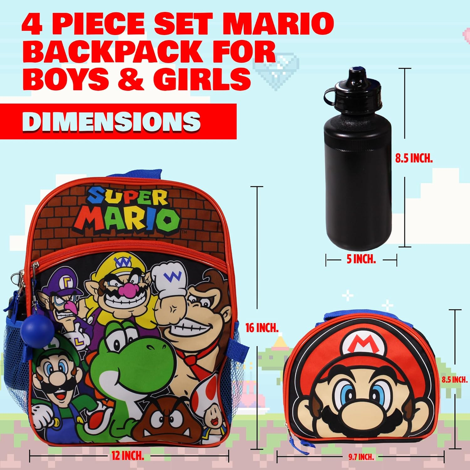 Nintendo Super Mario Bros. Backpack Set for Boys & Girls, Kids 16" School Bag with Front Zip Pocket, Red & Black, Multicolor, Medium, Traveling