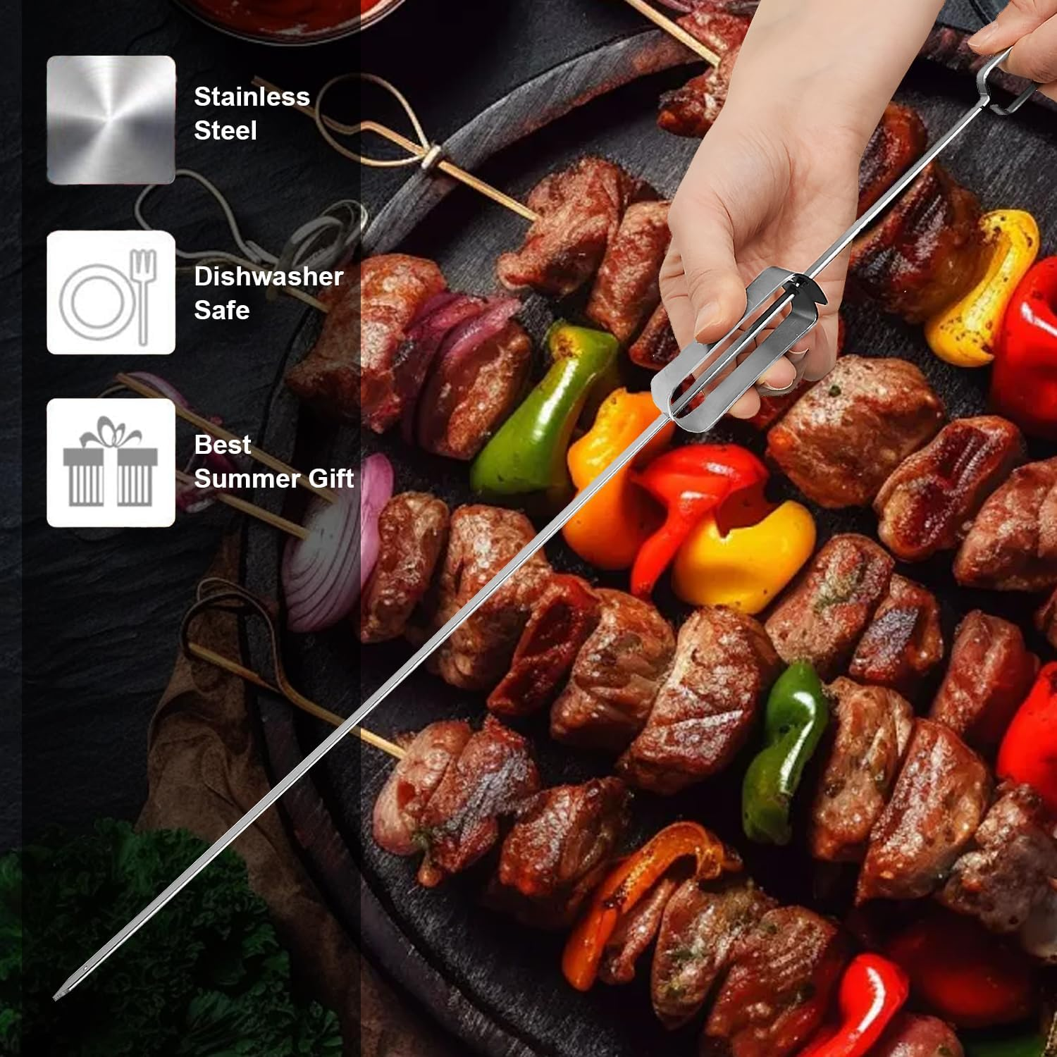 BBQ Skewers, Premium 304 Stainless Steel BBQ Skewers,15 Inch Heavy Duty Metal Kabob Sticks for Grilling, Reusable & Dishwasher Safe (Single Fork8) - Single Fork10 image number 6