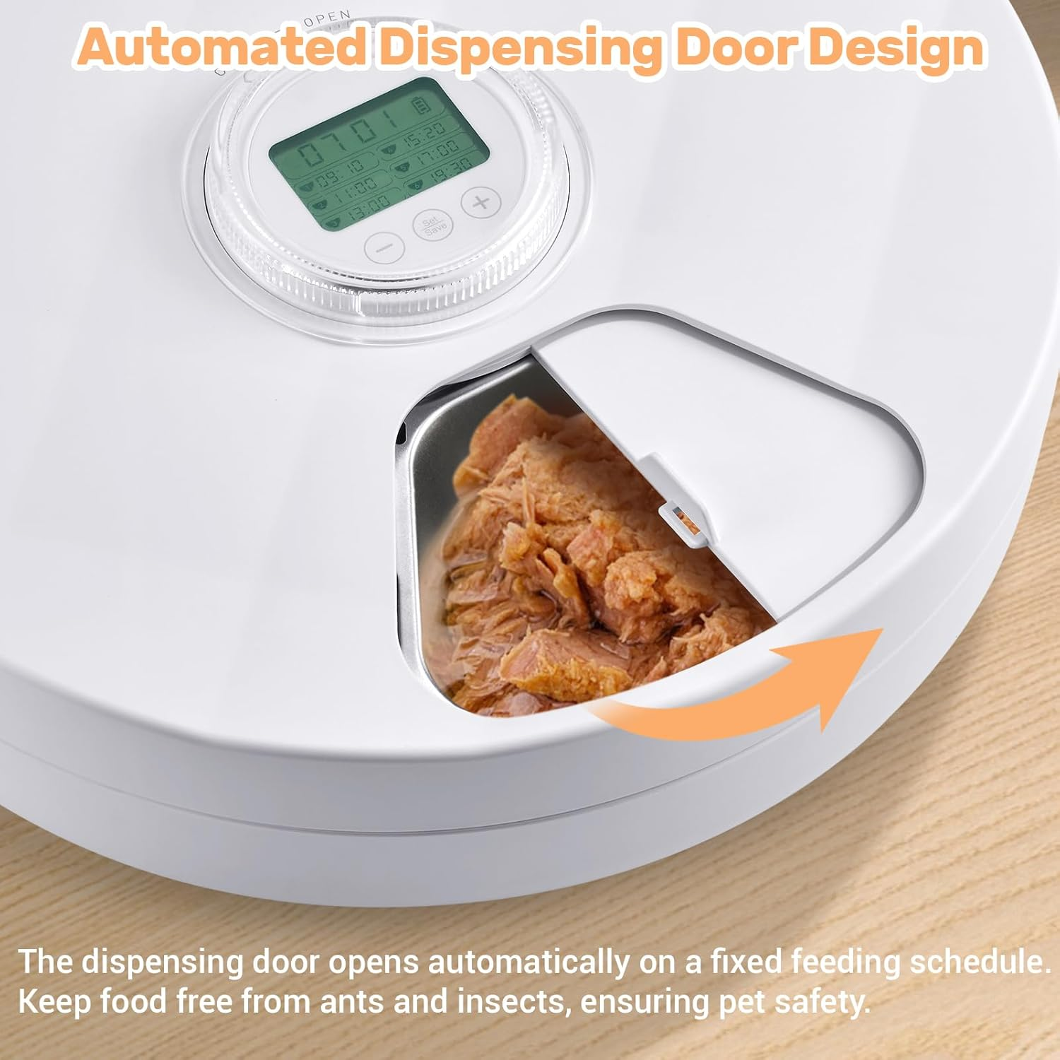 GAMKII Automatic Cat Wet Food Feeder 6 Meals, Battery Power Auto Pet Wet Food Dispenser with Timer, Memory Function for Cats Small Dogs-First Meal with Cover (Stainless Steel Food Tray) image number 4