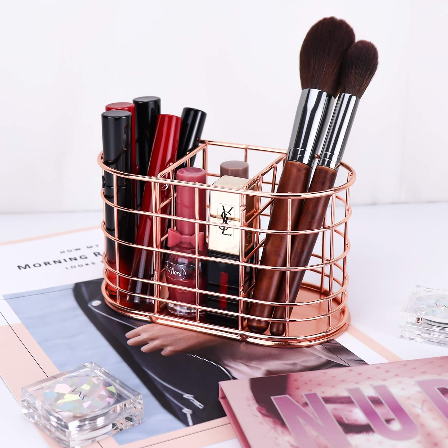 LEORISO Pen Holder with 3 Slots, Metal Desk Accessories Organizer for Home School Office Supplies Organizer, Makeup Brush Holder, Rose Gold image number 5