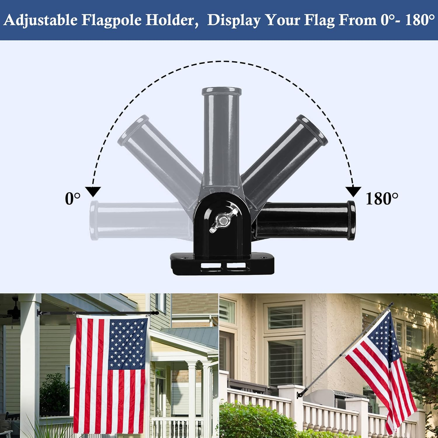 NQ Flag Pole Holder Adjustable, Flag Pole Bracket for outside House Heavy Duty Aluminum, Multi-Position Flag Pole Mounting Bracket Rust Free with Hardwares, 1" Inner Diameter (Black- 1 Pack)